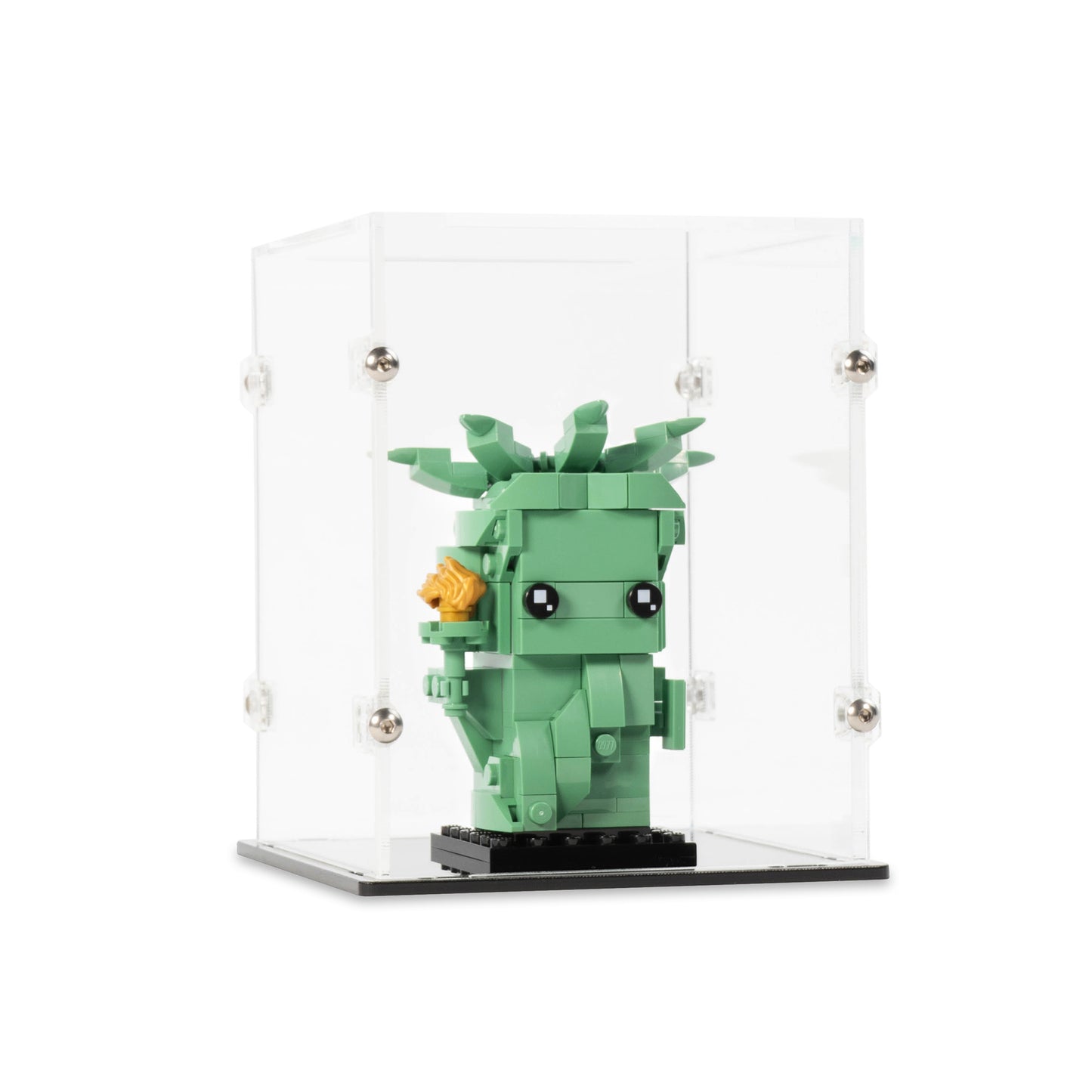 Angled view of 1x LEGO BrickHeadz Display Case with a Black Base.