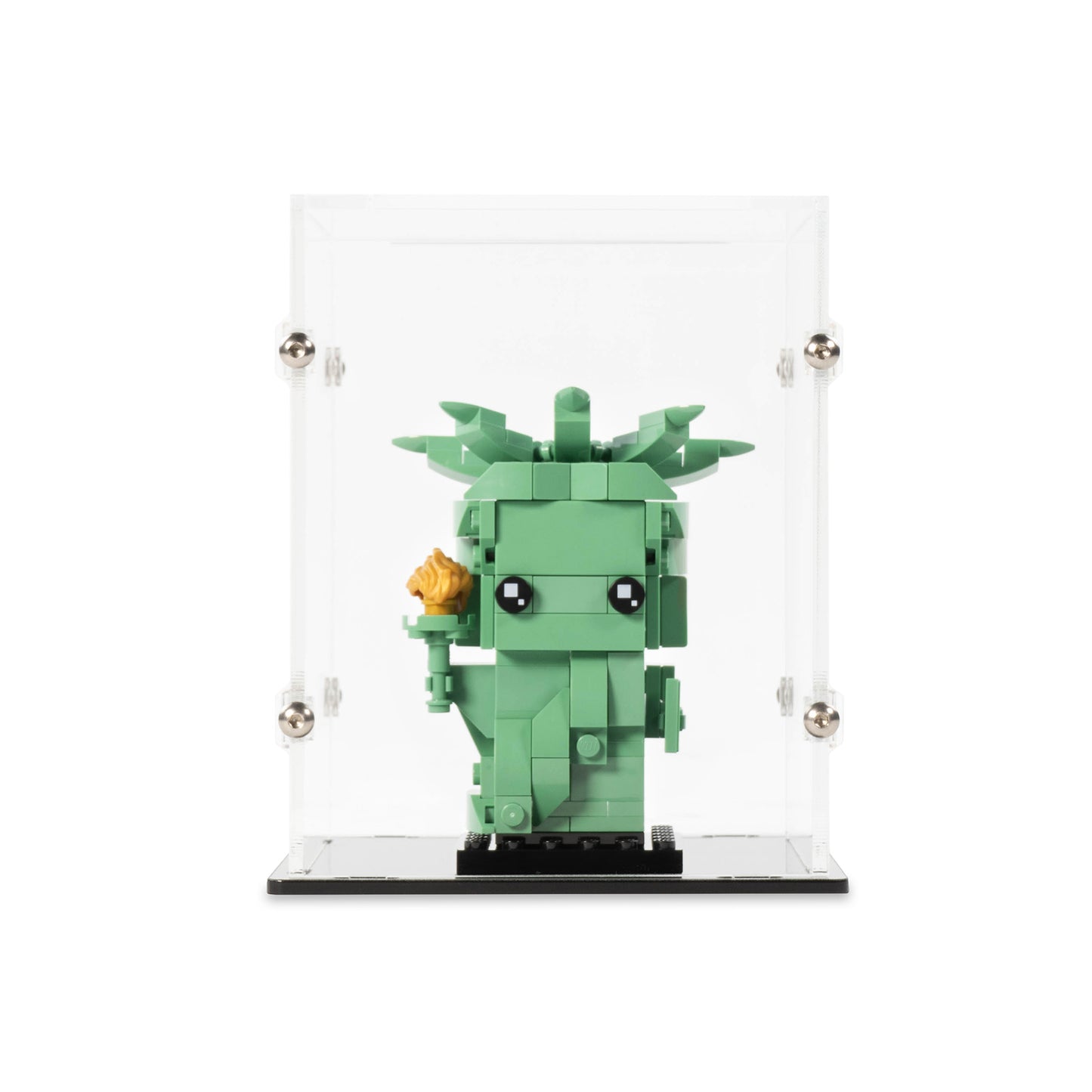 Front view of 1x LEGO BrickHeadz Display Case with a Black Base.