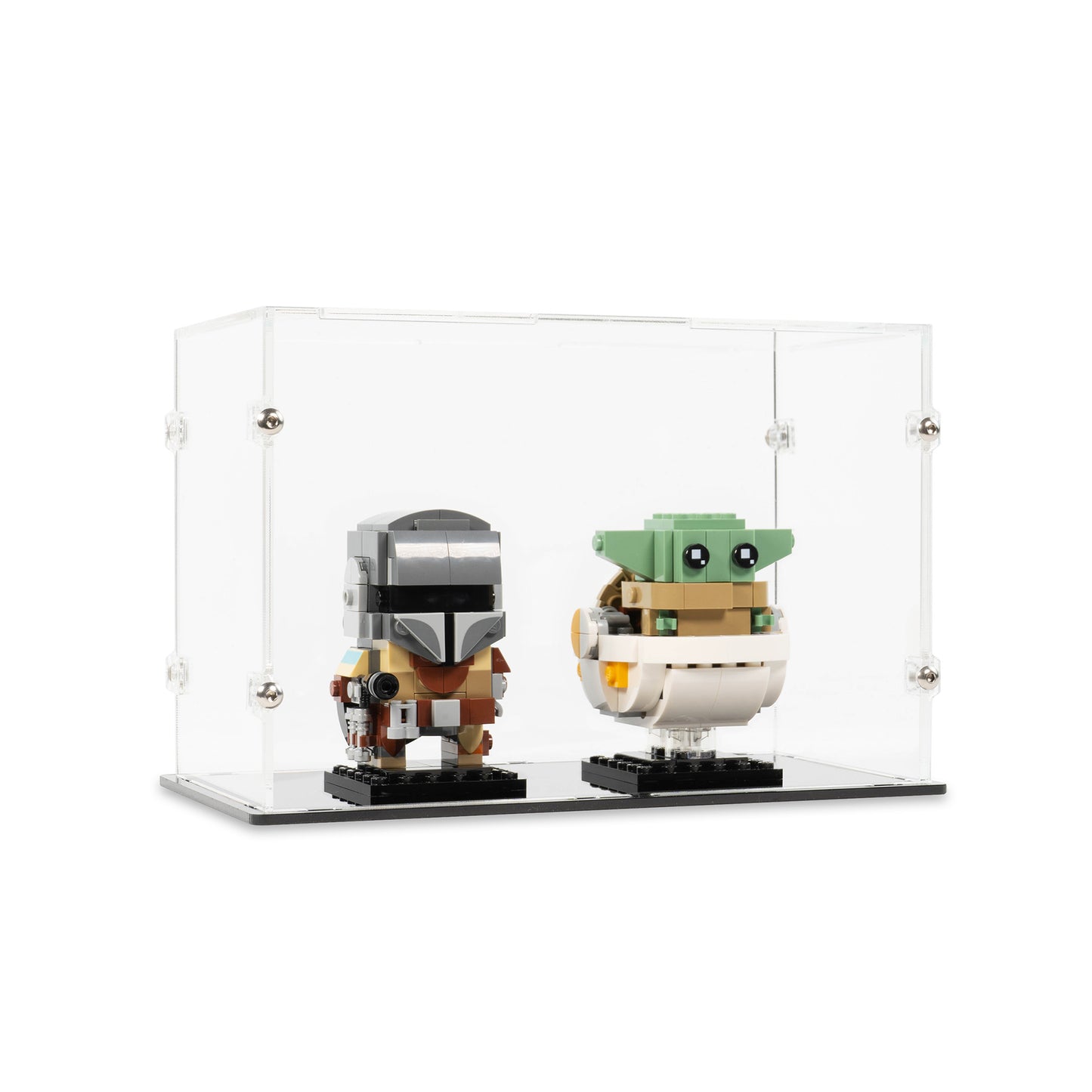 Angled view of 2x LEGO BrickHeadz Display Case with a Black Base.