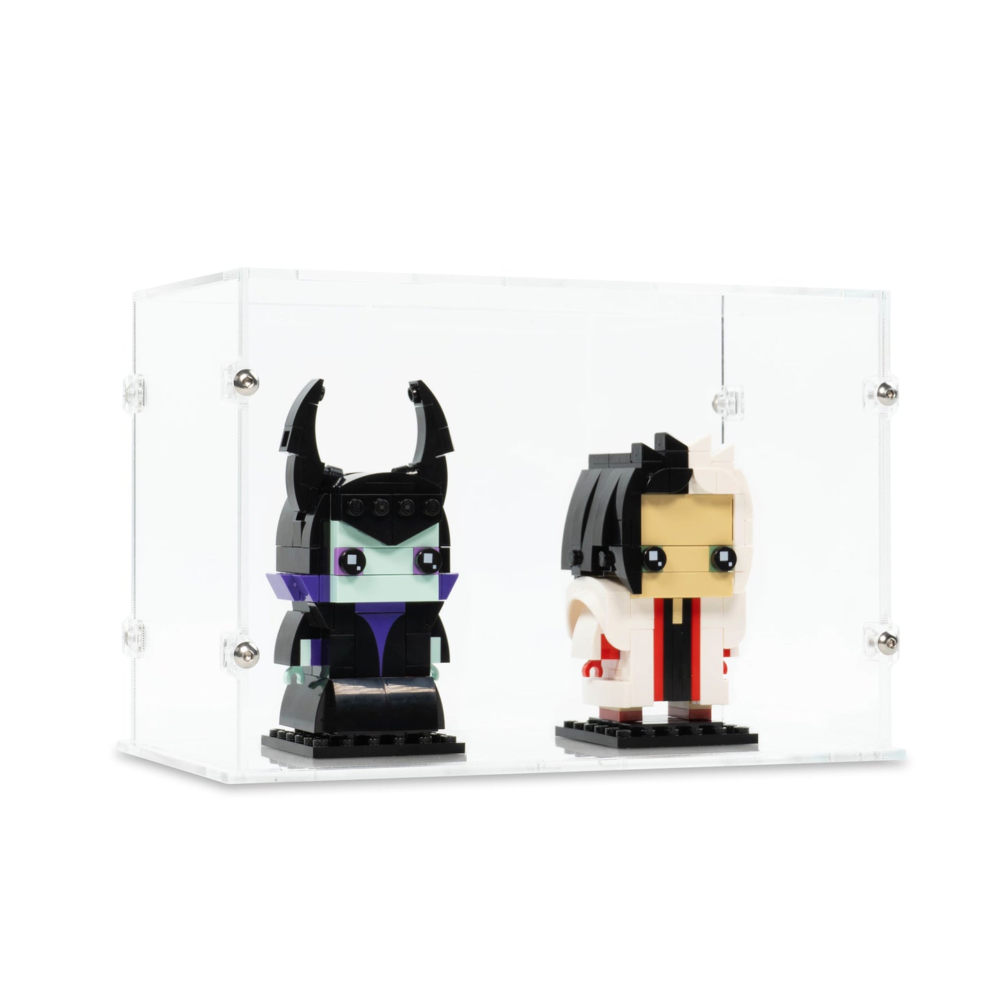 Angled view of 2x LEGO BrickHeadz Display Case with a Clear Base.