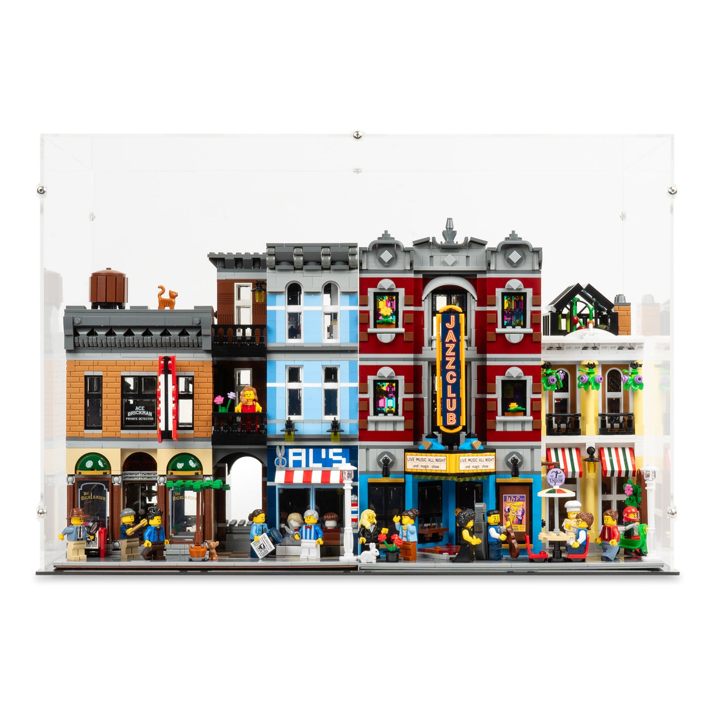 Front view of 2x 14 inch tall LEGO Modular Display Case.