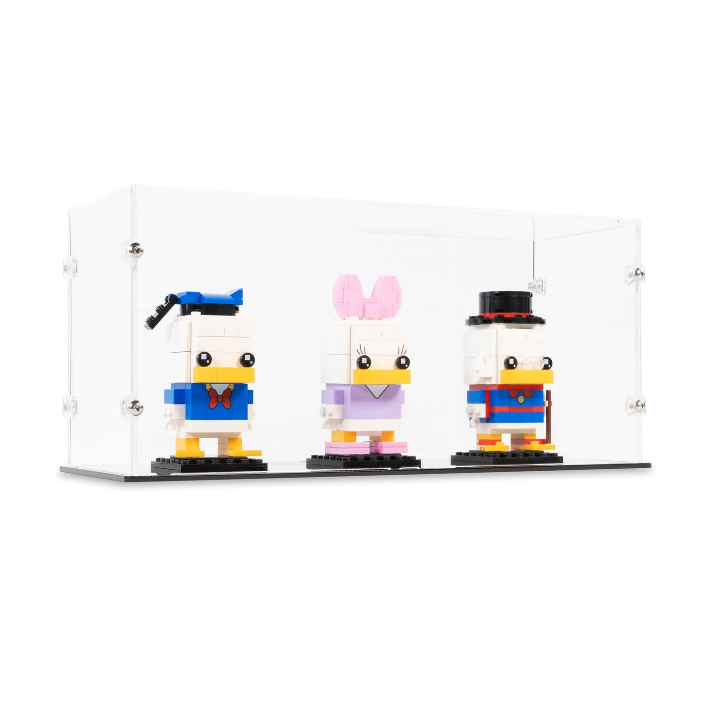 Angled view of 3x LEGO BrickHeadz Display Case with a Black Base.