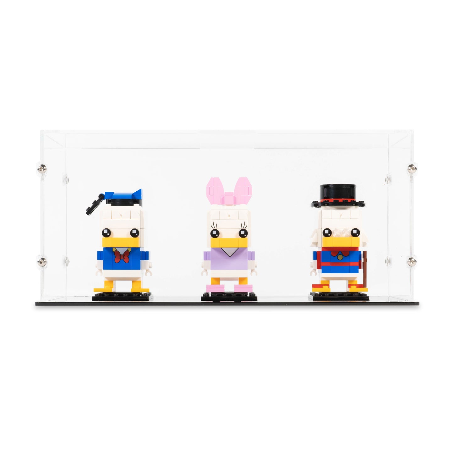 Front view of 3x LEGO BrickHeadz Display Case with a Black Base.