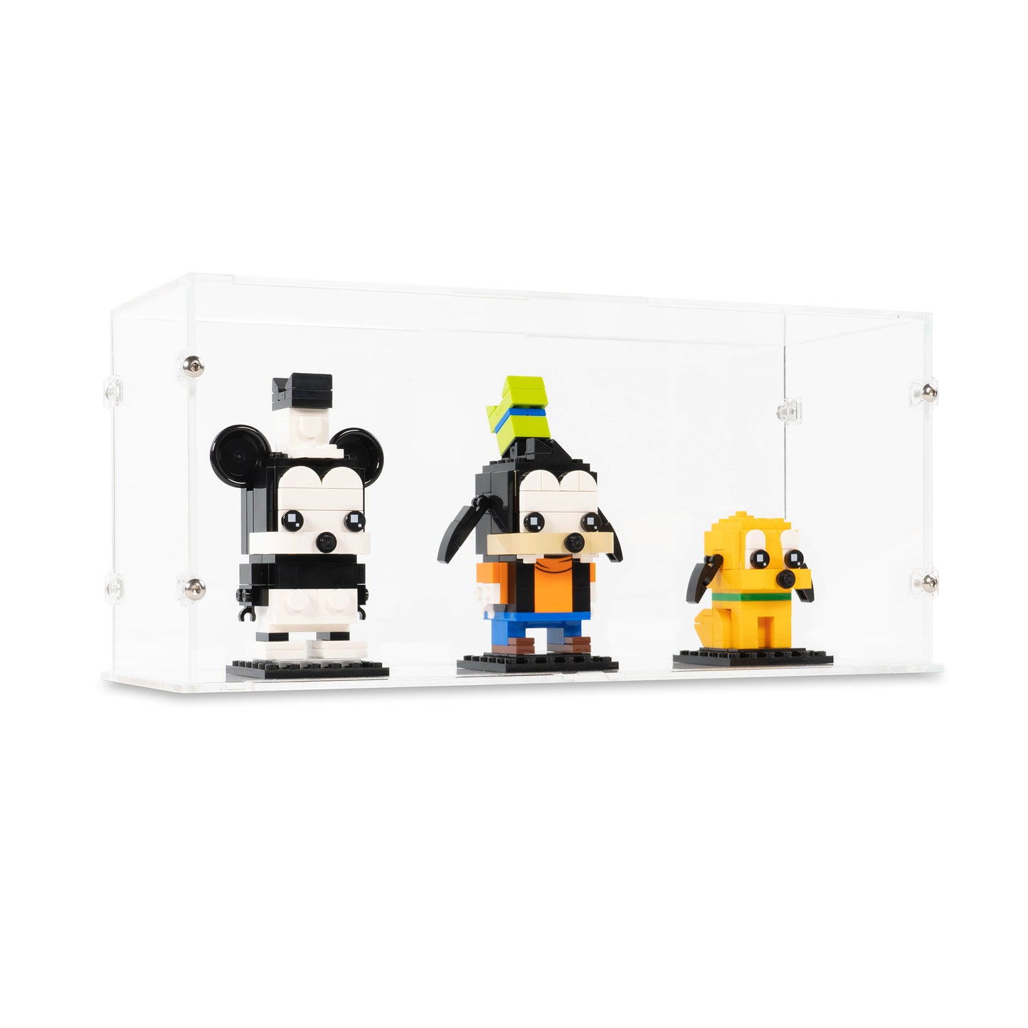 Angled view of 3x LEGO BrickHeadz Display Case with a Clear Base.
