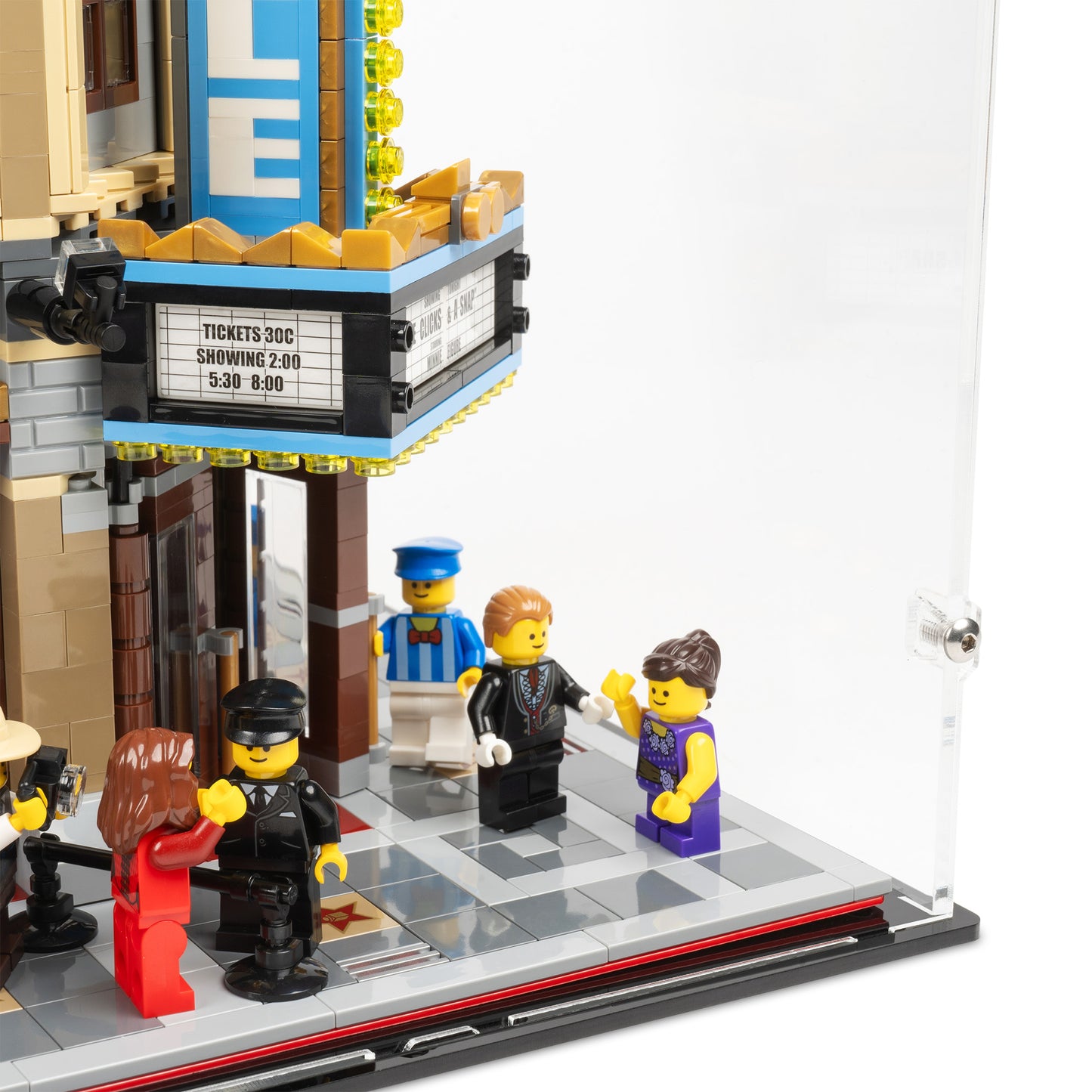 Fitting detail view of 3x 16.5 inch tall LEGO Modular Display Case.