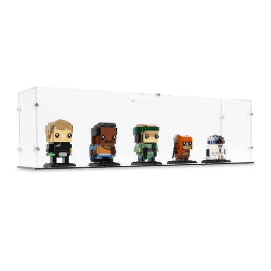 Angled view of 5x LEGO BrickHeadz Display Case with a Black Base.