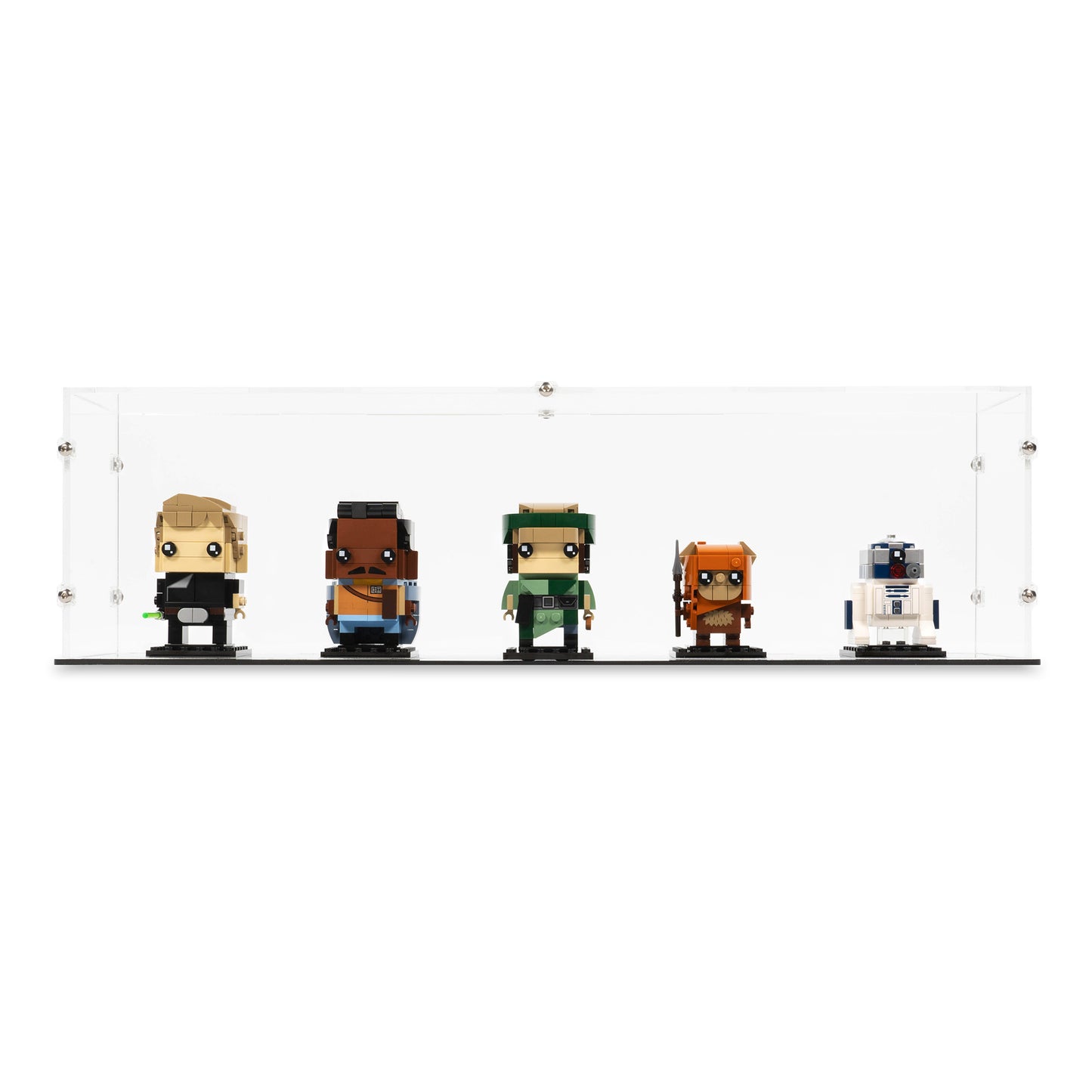 Front view of 5x LEGO BrickHeadz Display Case with a Black Base.