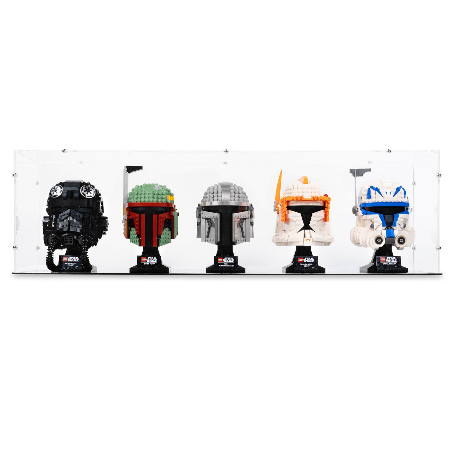 Front view of 5x LEGO Helmets Display Case.