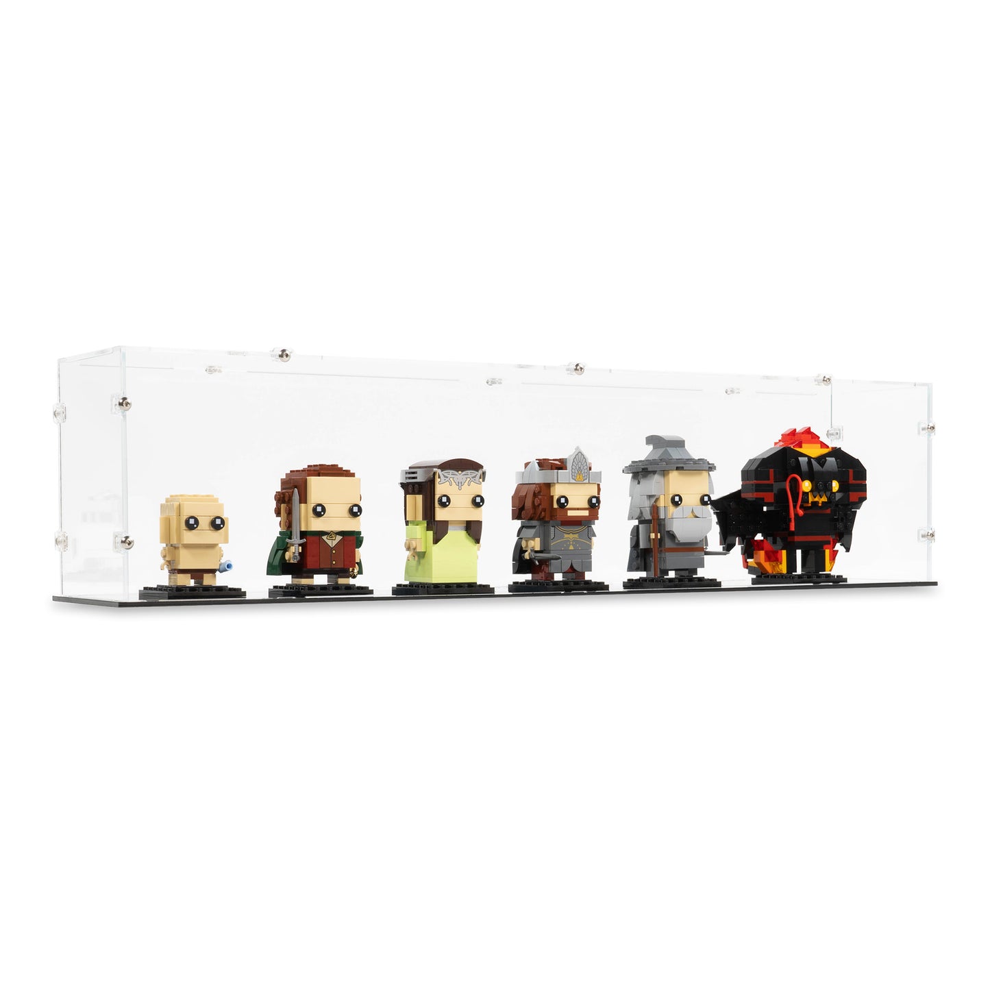Angled view of 6x LEGO BrickHeadz Display Case with a Black Base.