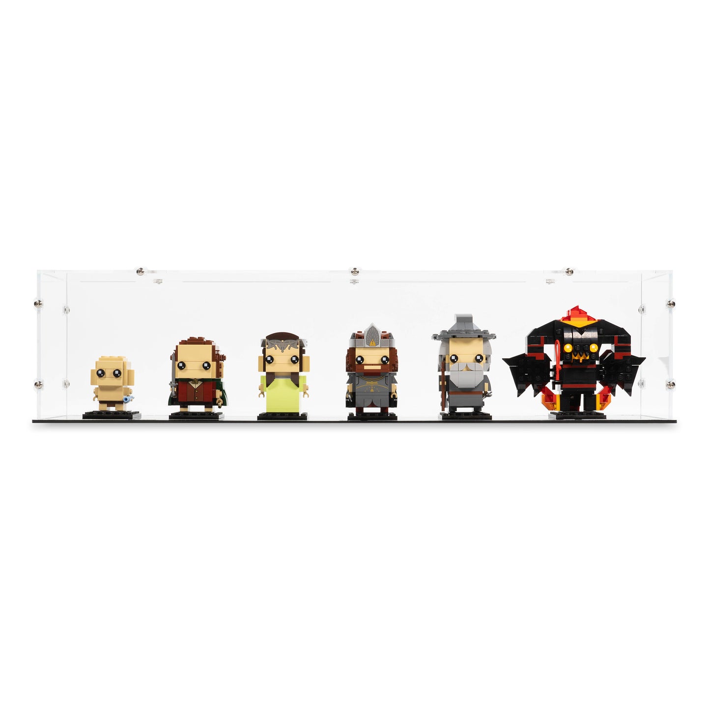 Front view of 6x LEGO BrickHeadz Display Case with a Black Base.