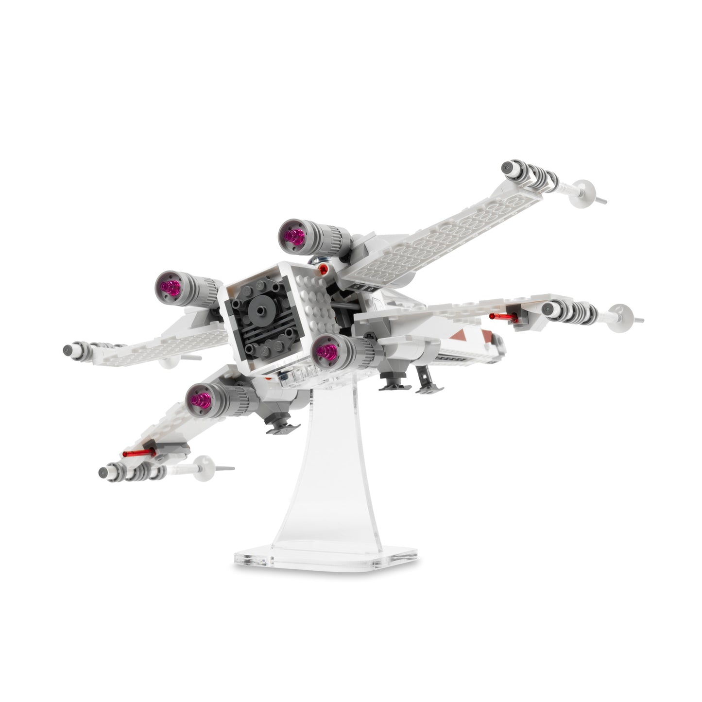 Back angled view of angled 4 inch LEGO display stand with X-Wing Fighter.