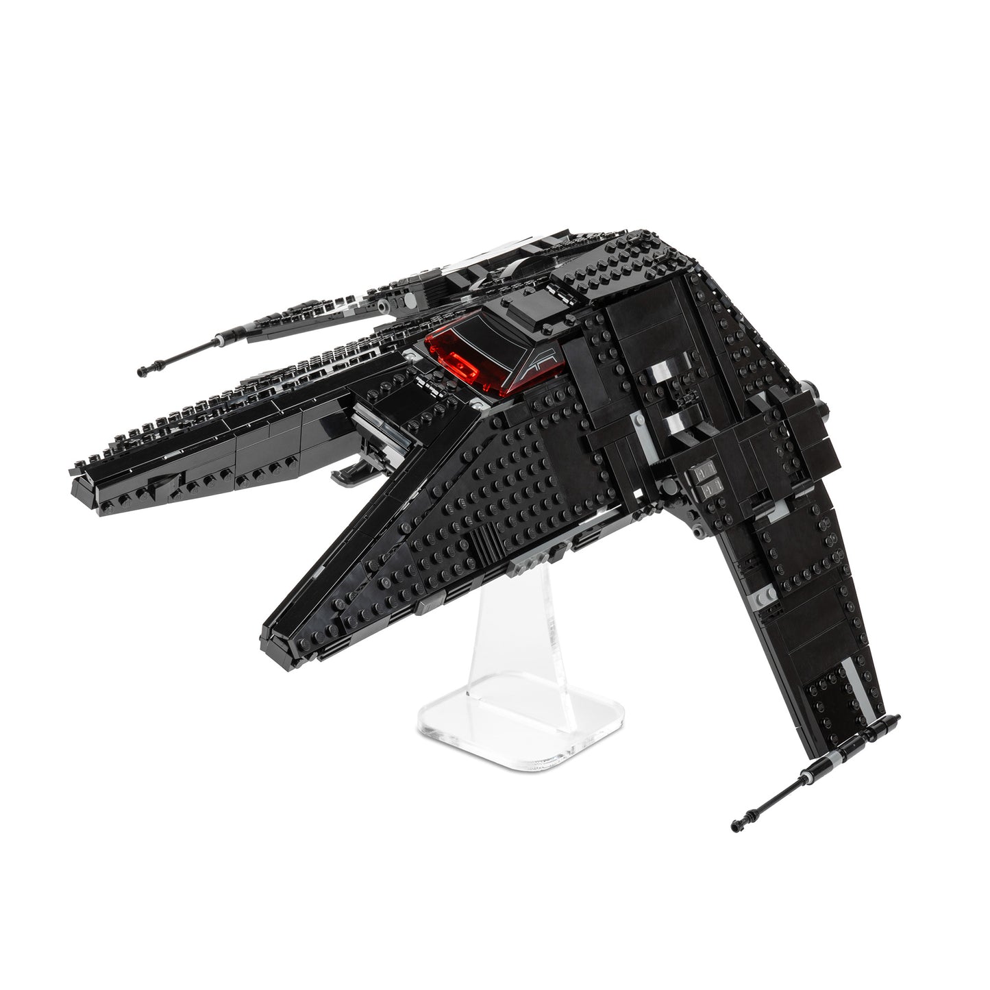 Angled view of angled 6 inch LEGO display stand with Inquisitor Transport Scythe.