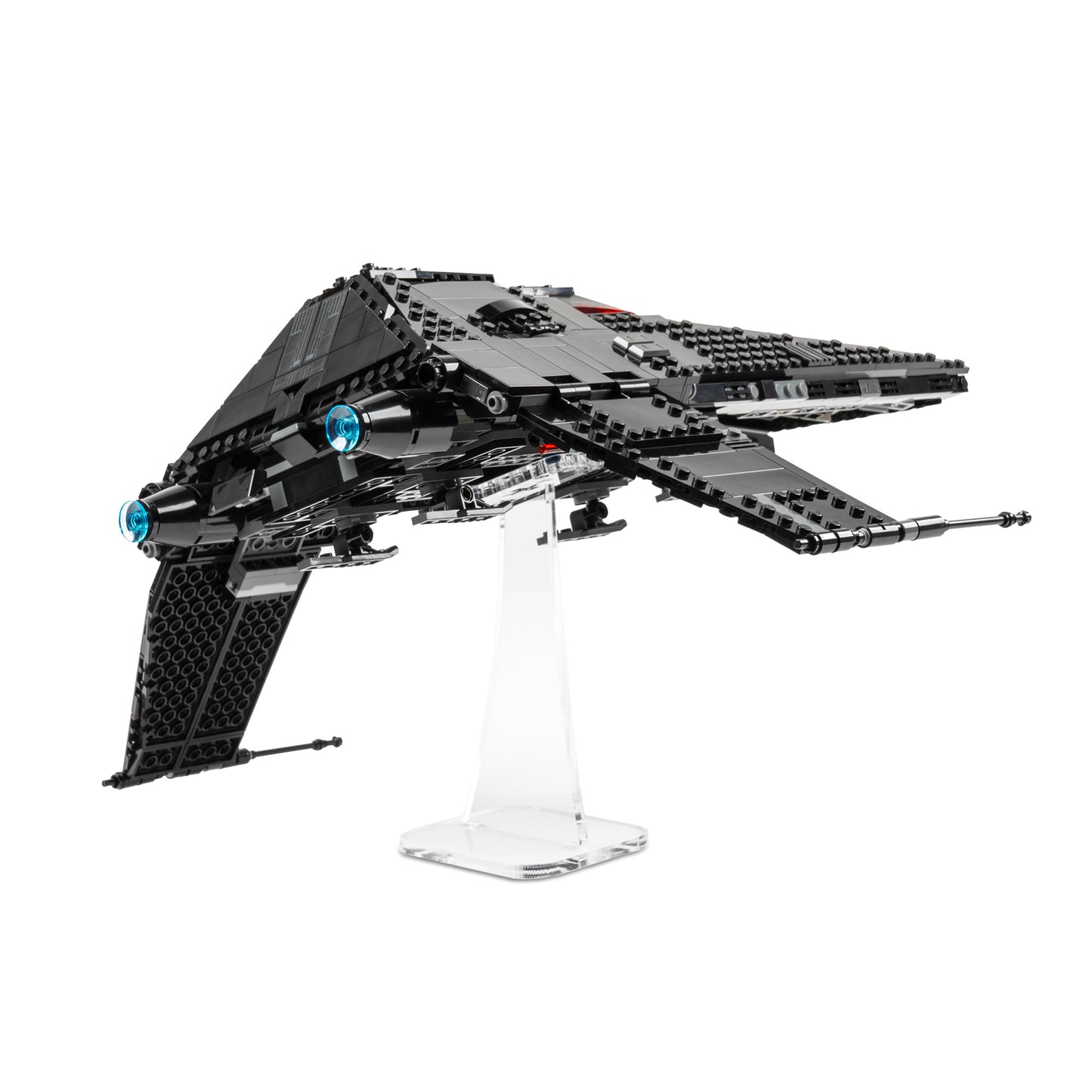 Back angled view of angled 6 inch LEGO display stand with Inquisitor Transport Scythe.