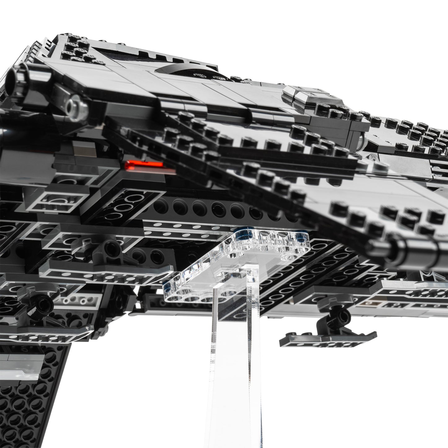 Connection detail view of angled 6 inch LEGO display stand with Inquisitor Transport Scythe.