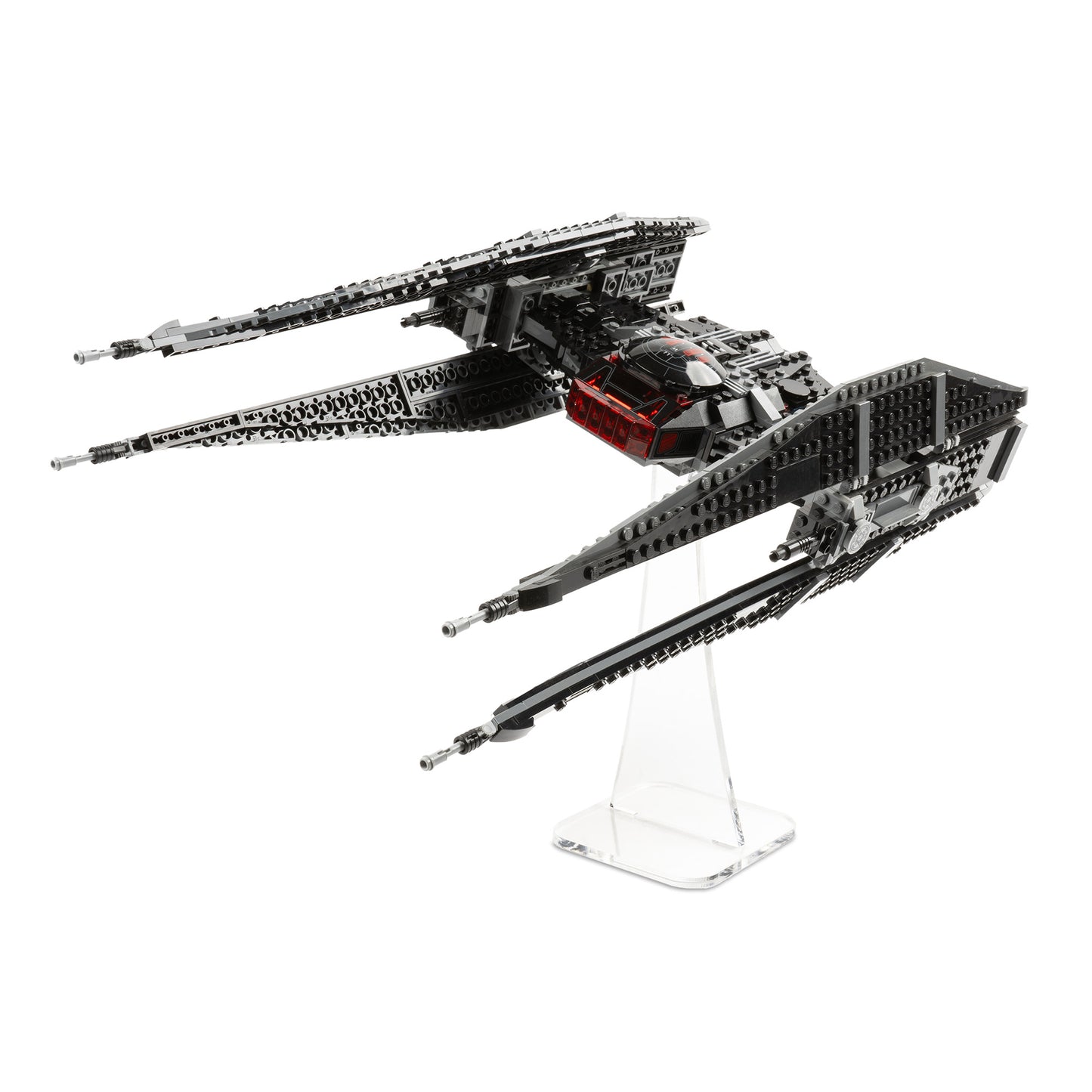 Angled view of angled 8 inch LEGO display stand with Kylo Ren's TIE Fighter.