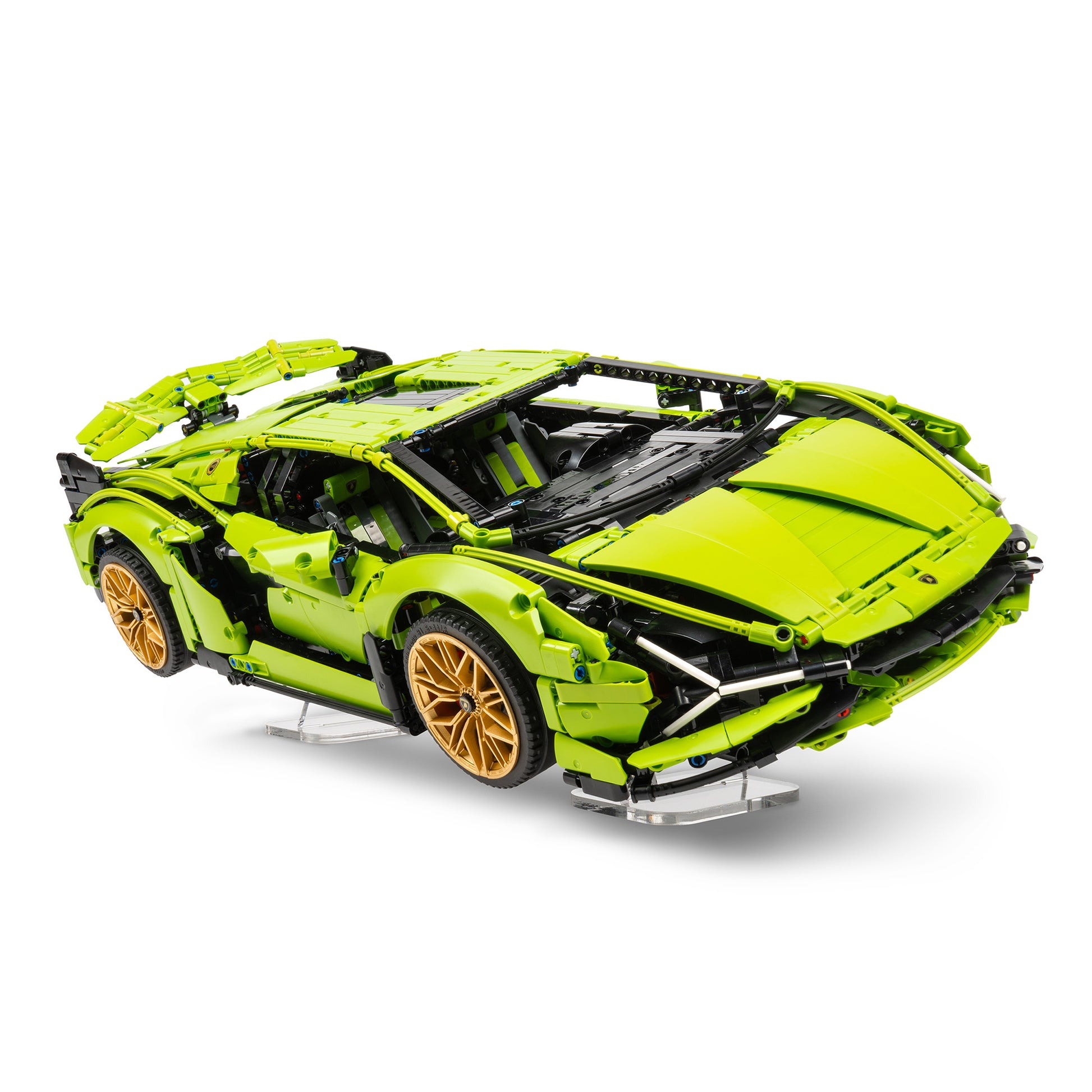 Angled view of tall angled LEGO Technic display stand with 42115 Lamborghini Sián FKP 37.