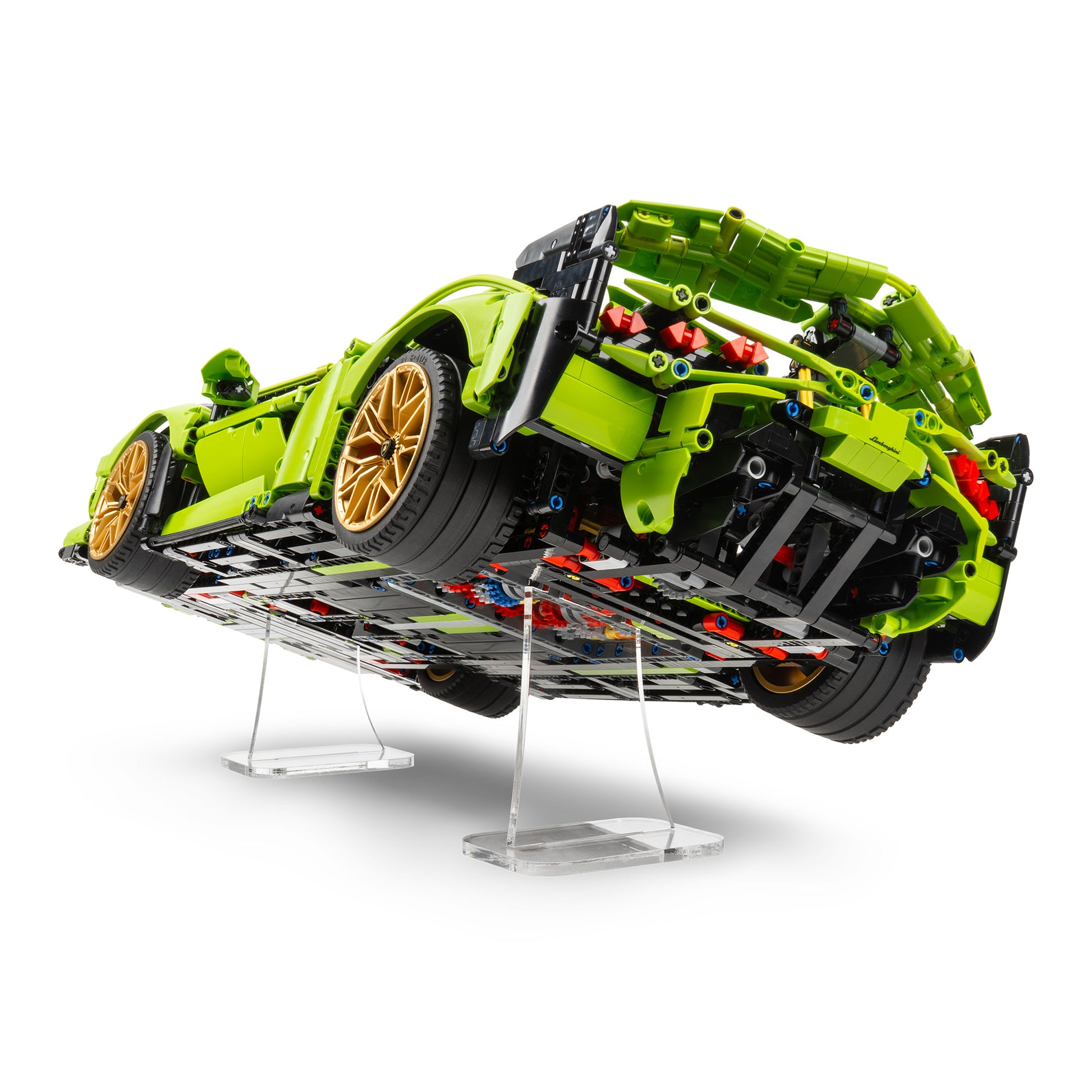 Back angled view of tall angled LEGO Technic display stand with 42115 Lamborghini Sián FKP 37.