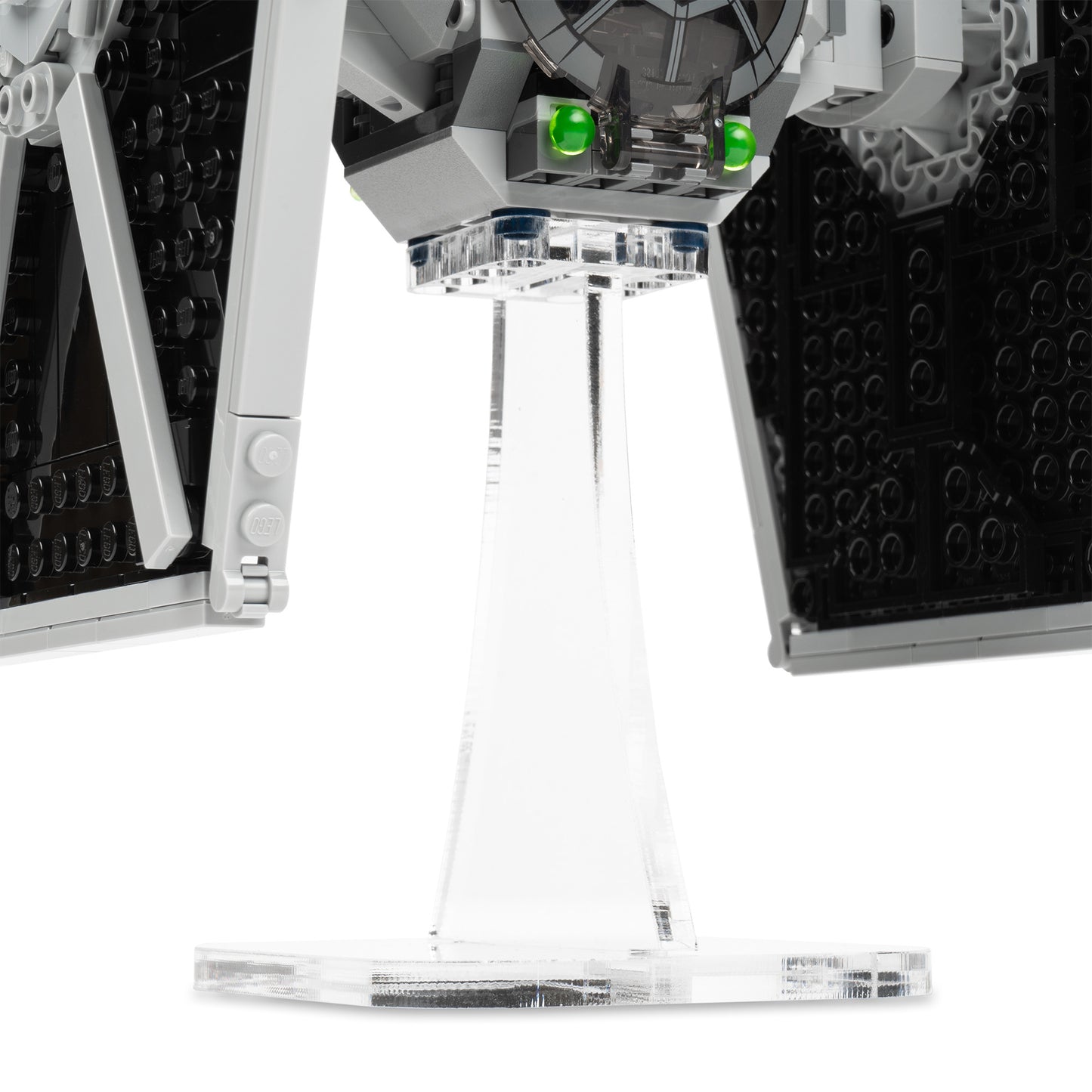 Connection detail view of flat 4 inch LEGO display stand with Imperial TIE Fighter.