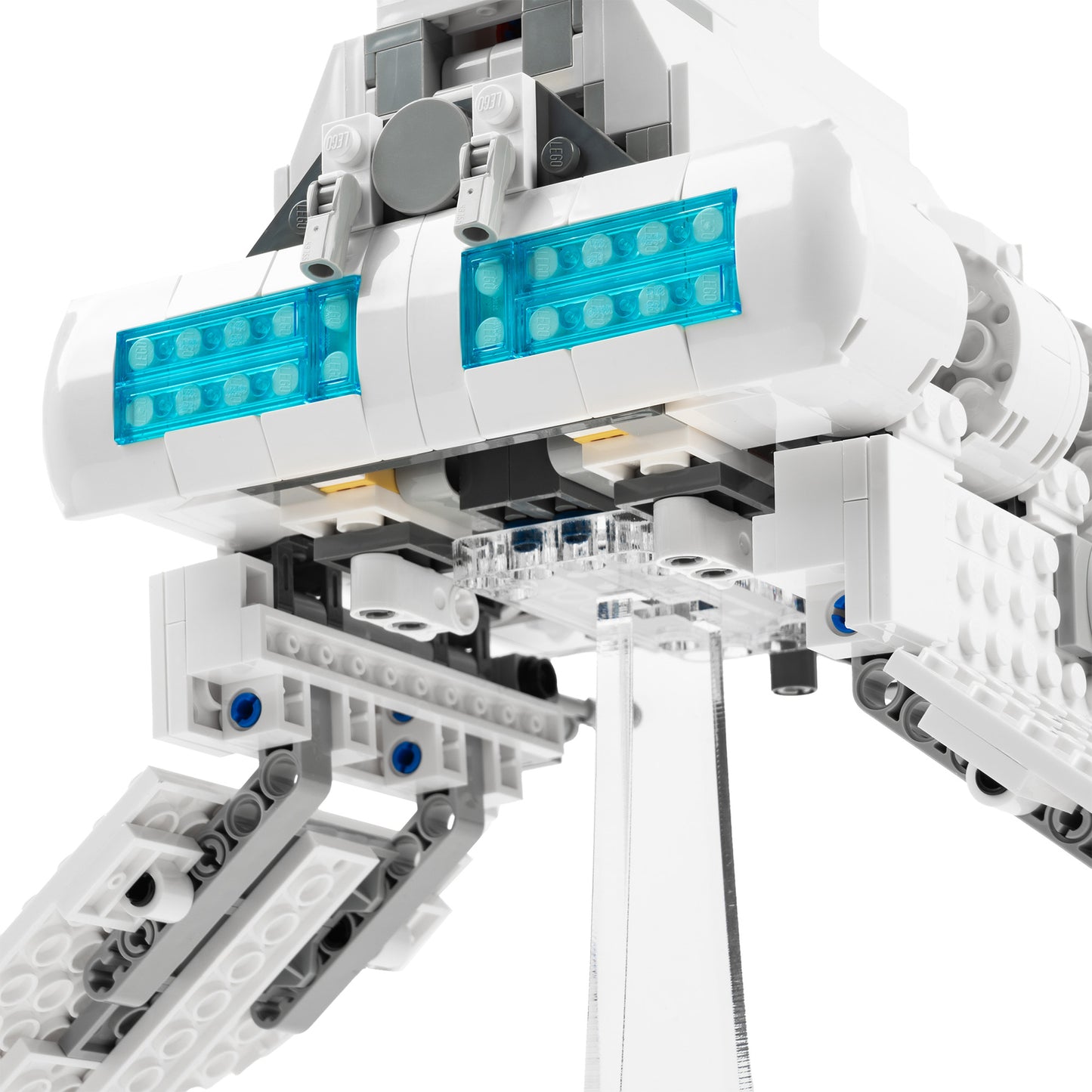 Connection detail view of flat 6 inch LEGO display stand with Imperial Shuttle.