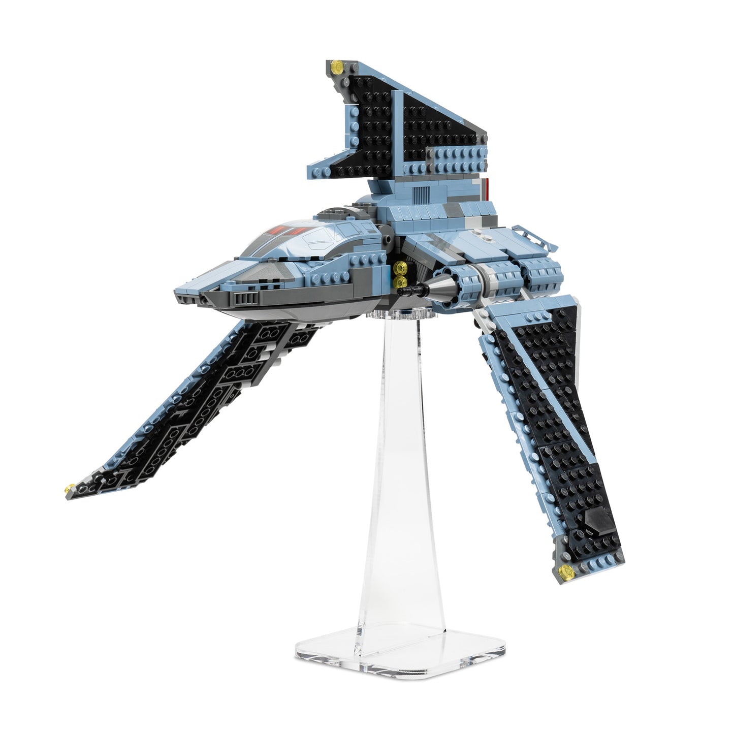 Angled view of flat 8 inch LEGO display stand with The Bad Batch Attack Shuttle.
