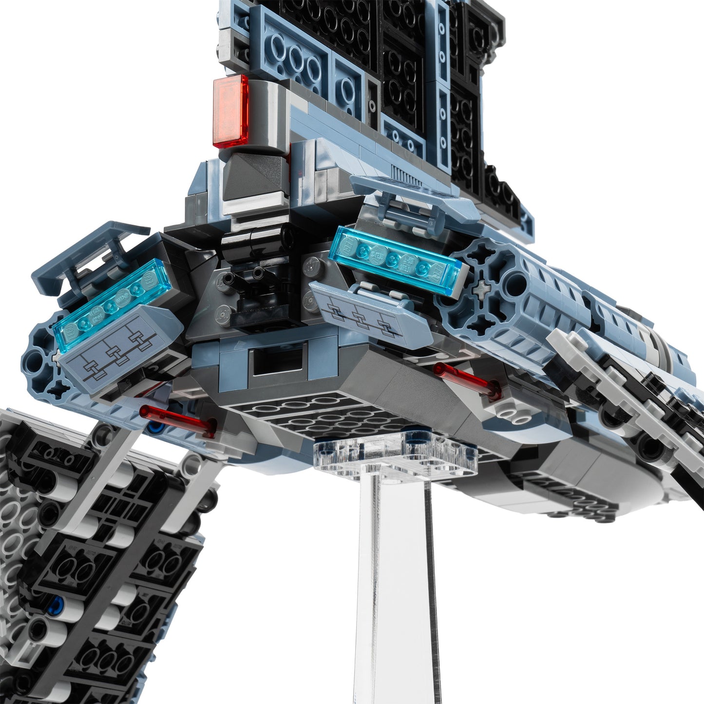 Connection detail view of flat 8 inch LEGO display stand with The Bad Batch Attack Shuttle.