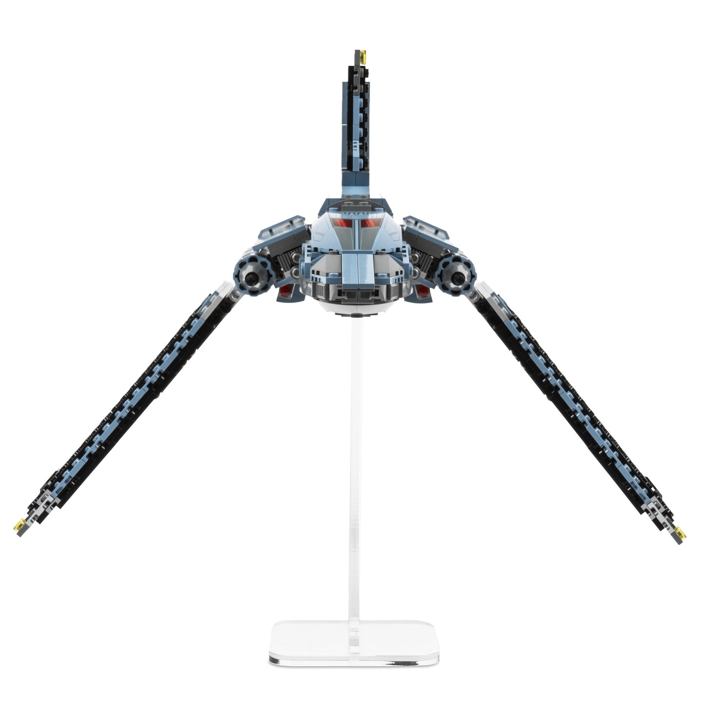 Front view of flat 8 inch LEGO display stand with The Bad Batch Attack Shuttle.