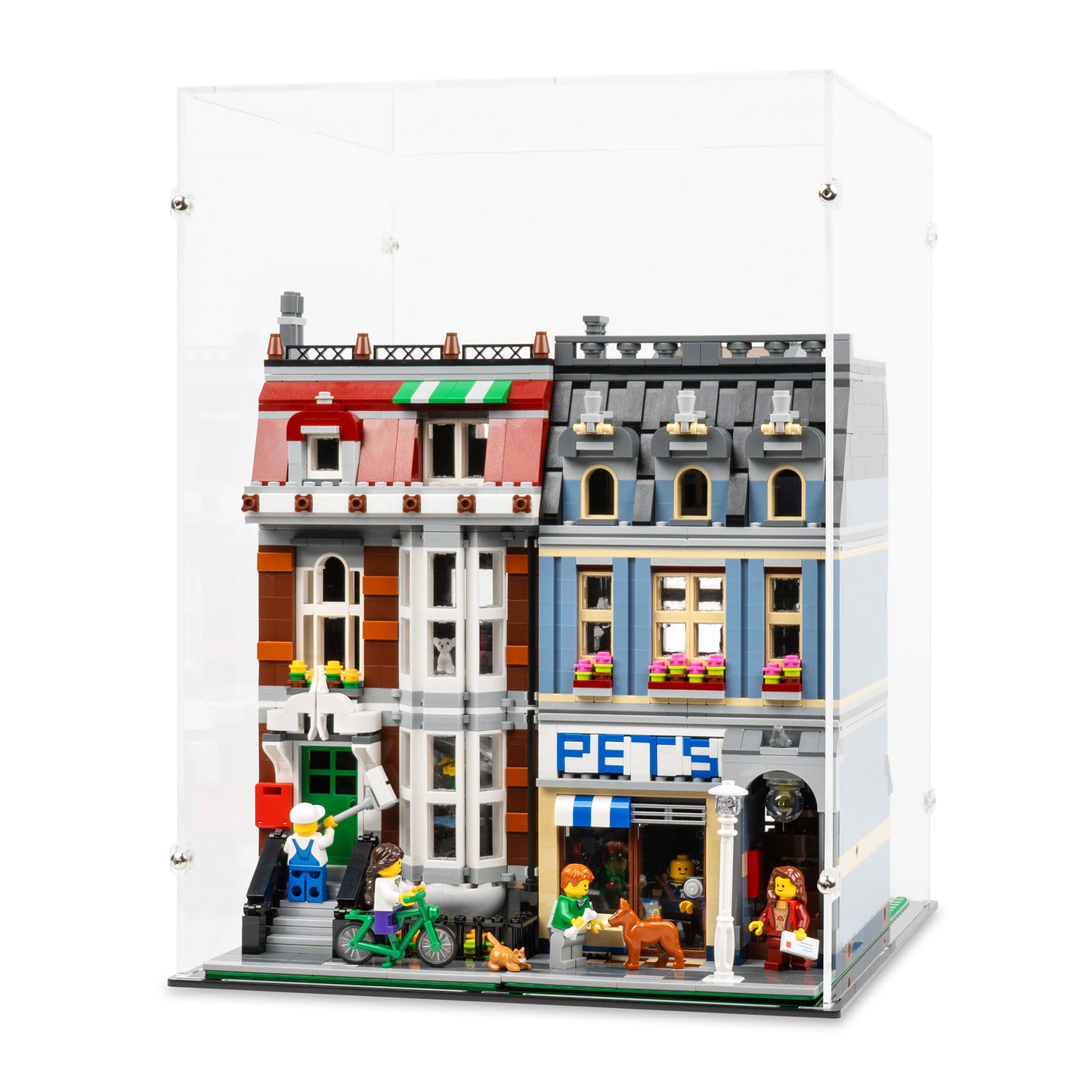 Angled view of LEGO 10218 Pet Shop Display Case.