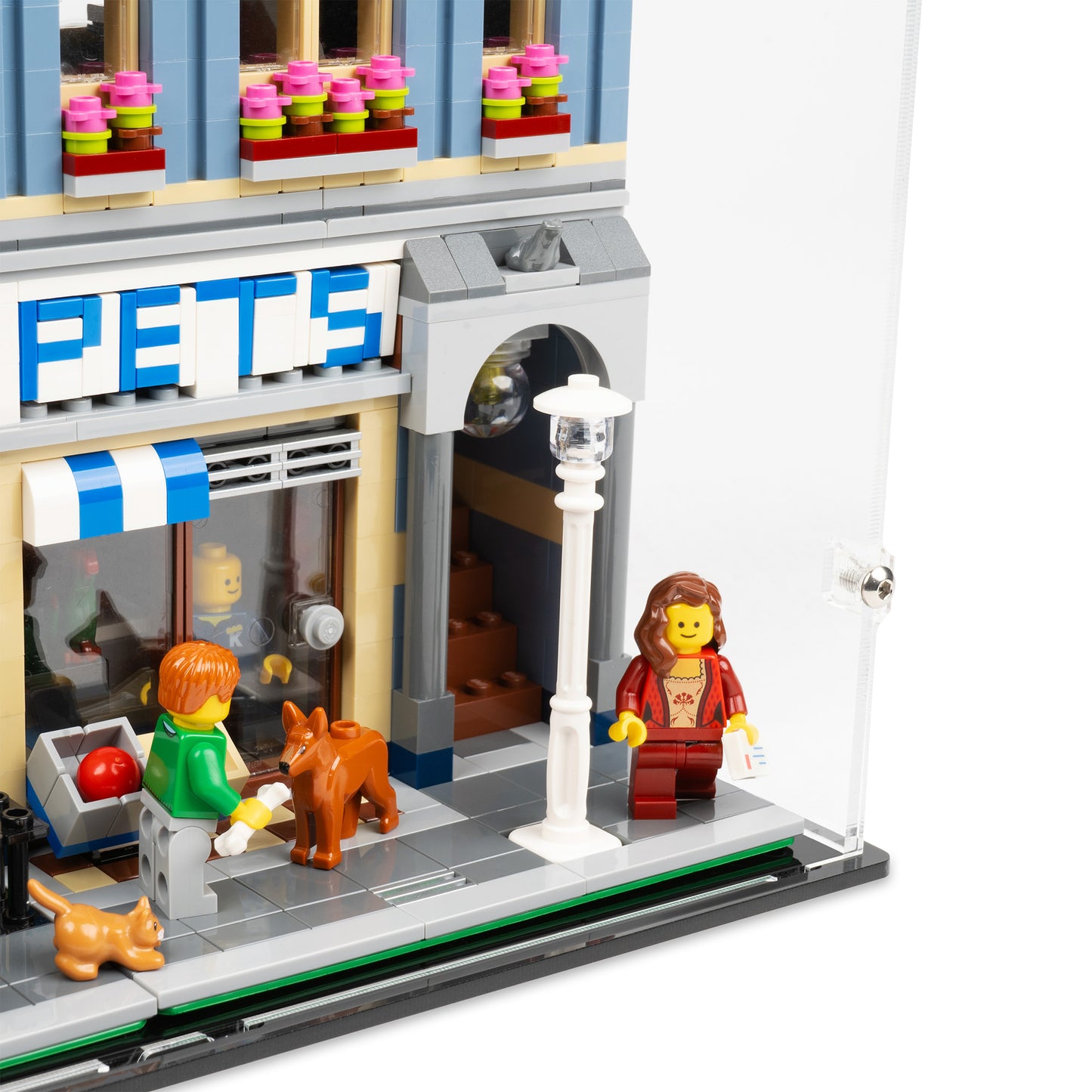 Fitting detail view of LEGO 10218 Pet Shop Display Case.