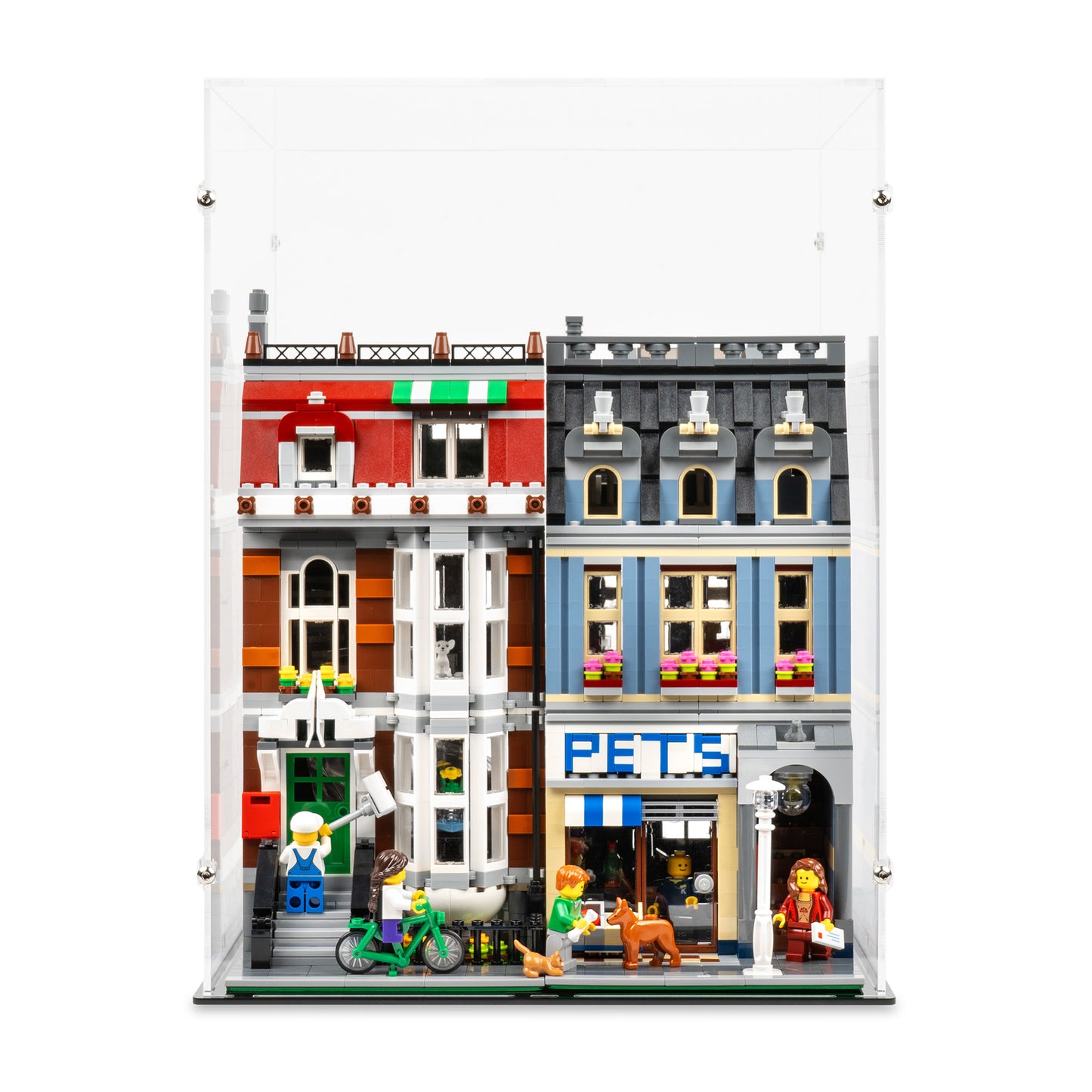 Front view of LEGO 10218 Pet Shop Display Case.