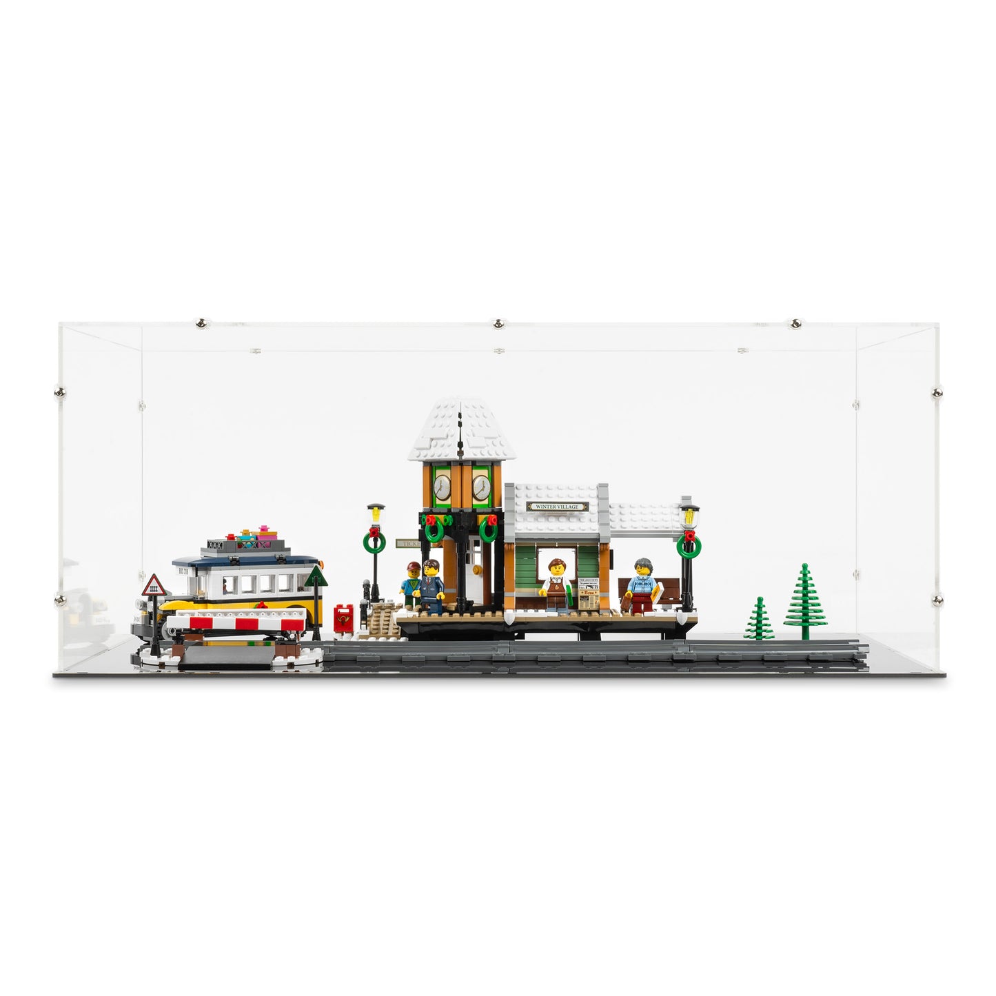 Front view of LEGO 10259 Winter Village Station Display Case with a black base.