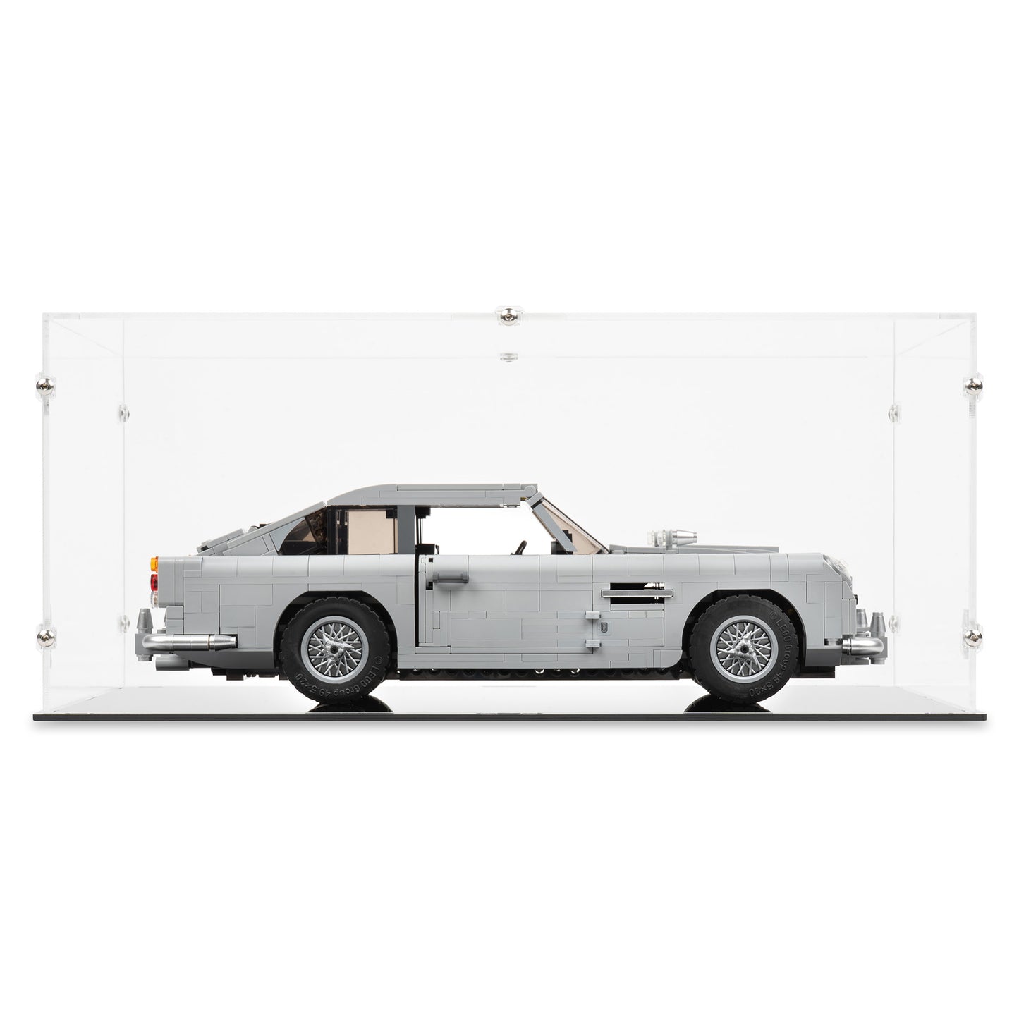 Front view of LEGO 10262 James Bond Aston Martin DB5 Display Case.