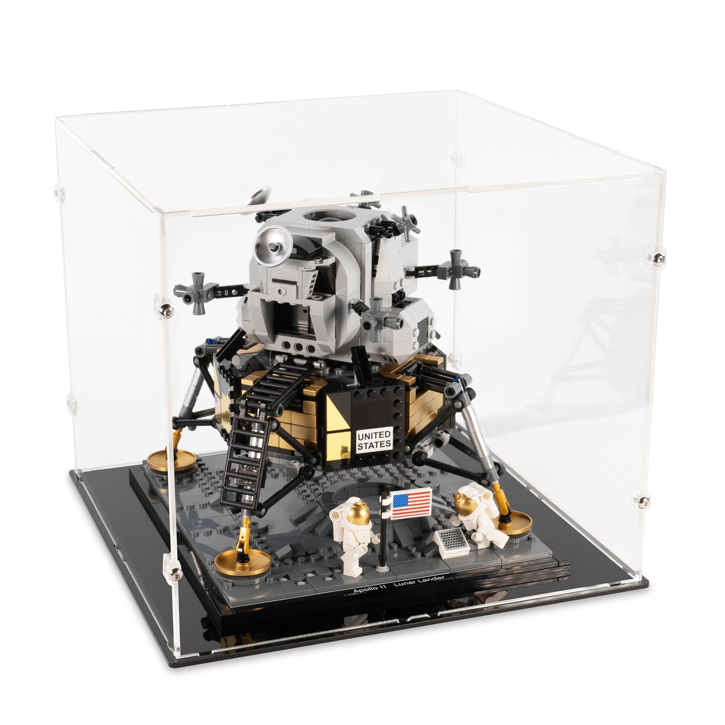 Angled top view of LEGO 10266 NASA Apollo 11 Lunar Lander Display Case.