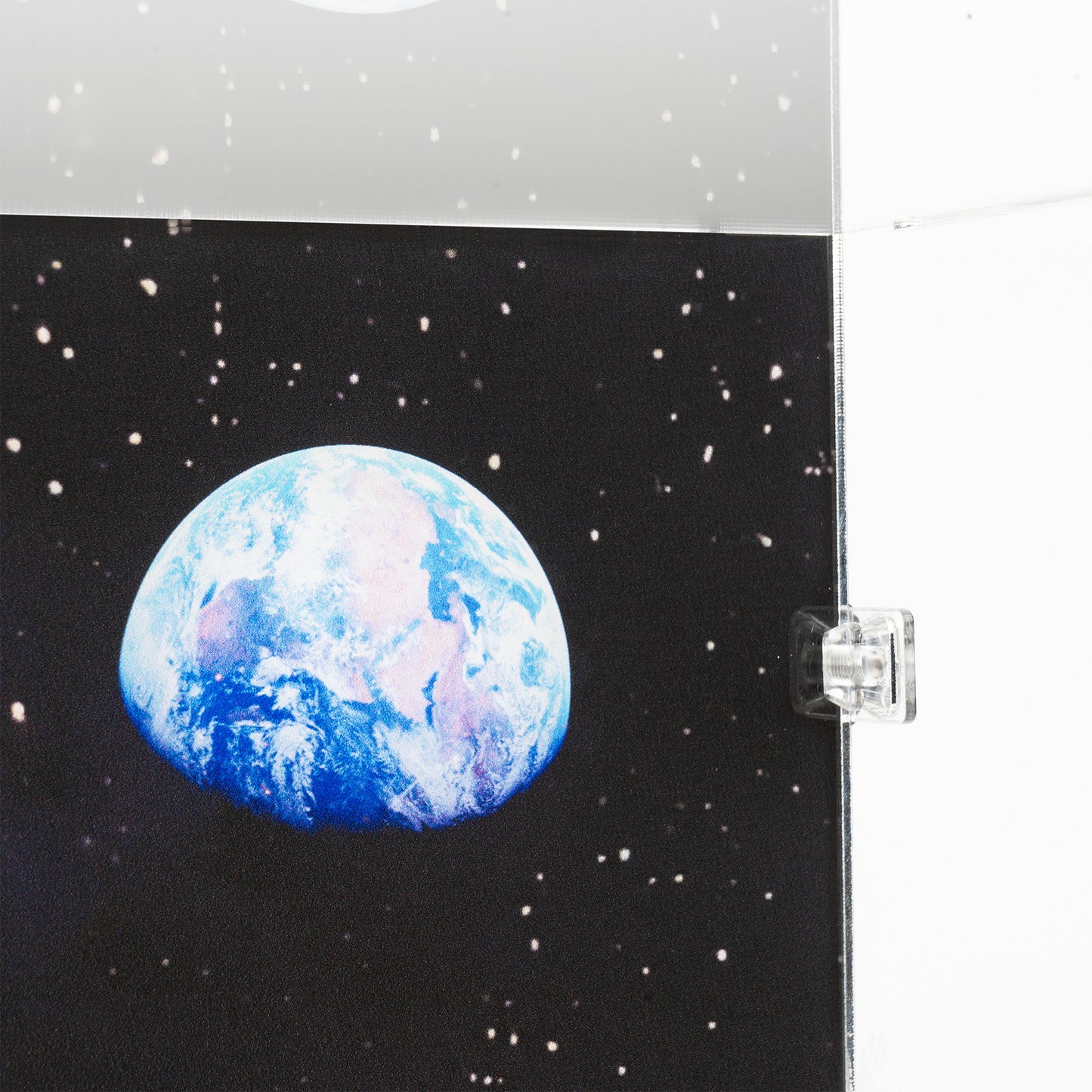 Top right detail view of LEGO 10266 NASA Apollo 11 Lunar Lander Display Case with a UV printed background.