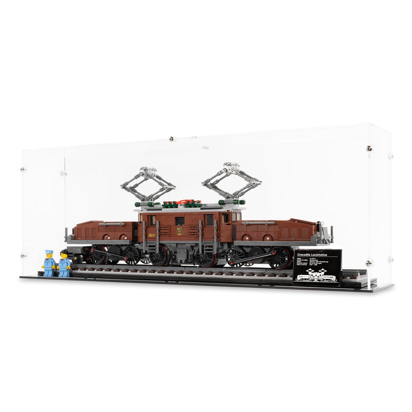 Angled view of LEGO 10277 Crocodile Locomotive Display Case.