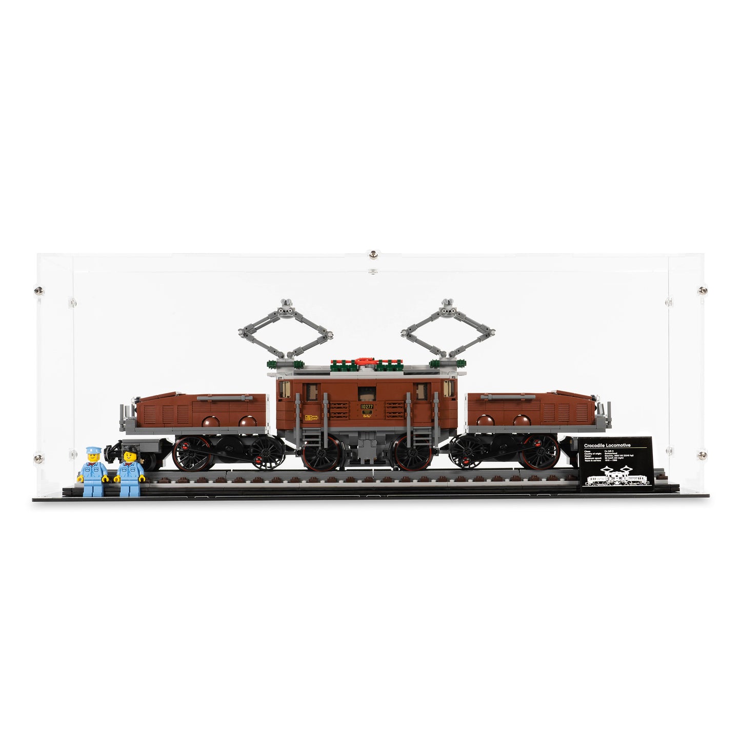 Front view of LEGO 10277 Crocodile Locomotive Display Case.