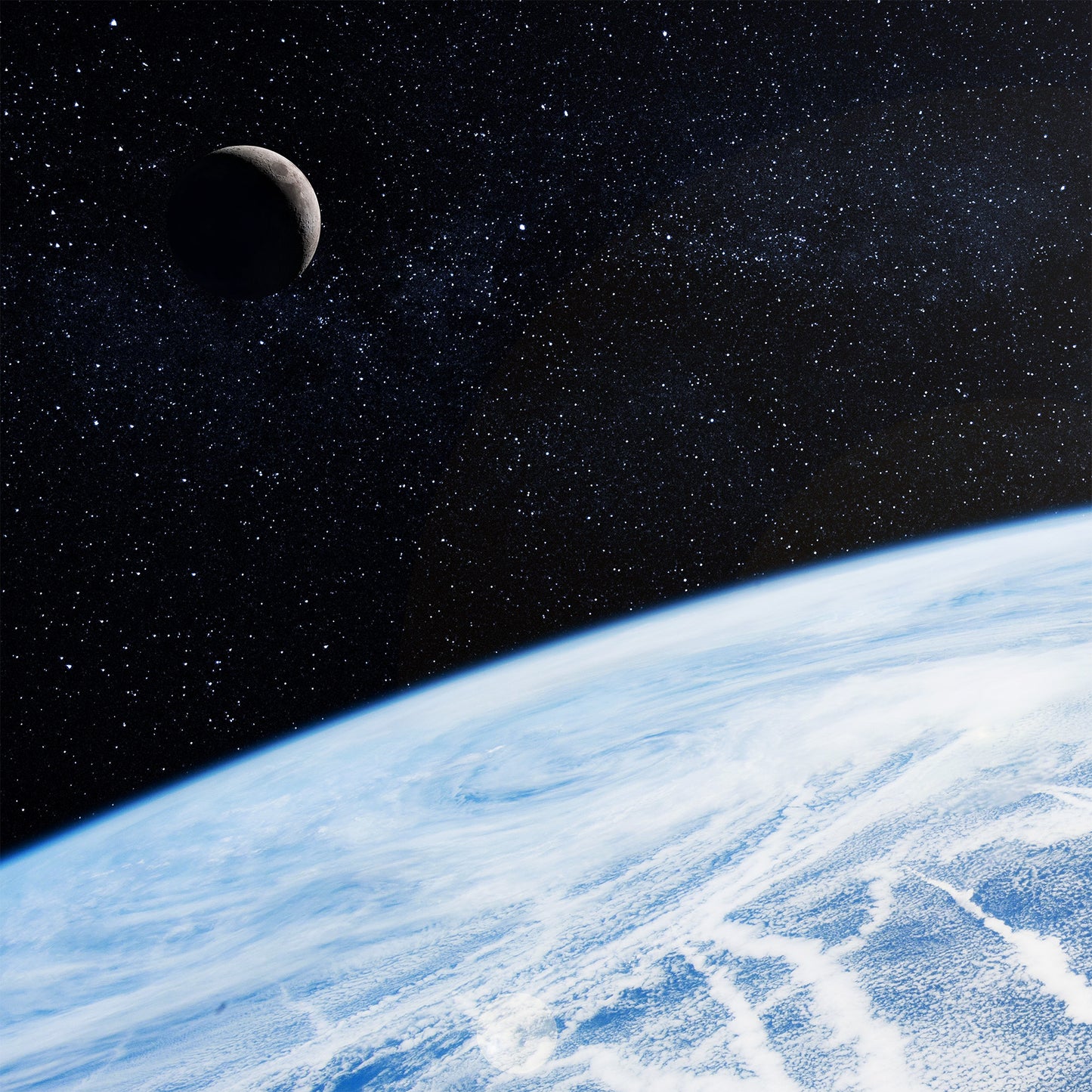 Orbit view of LEGO 10283 NASA Space Shuttle Discovery Display Case with a UV printed background.