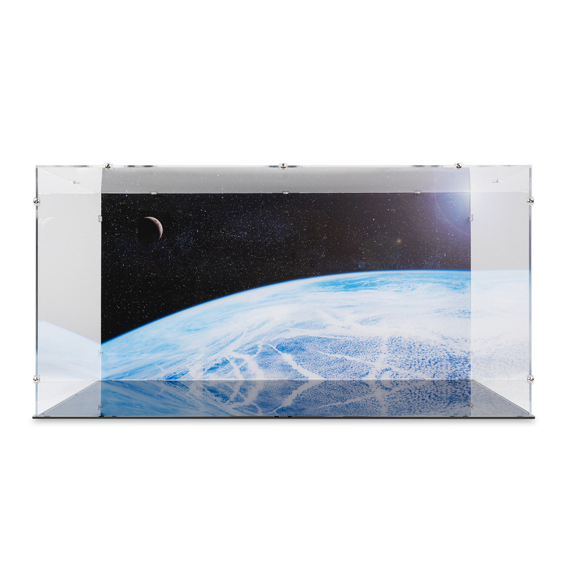 Front view of empty LEGO 10283 NASA Space Shuttle Discovery Display Case with a UV printed background.