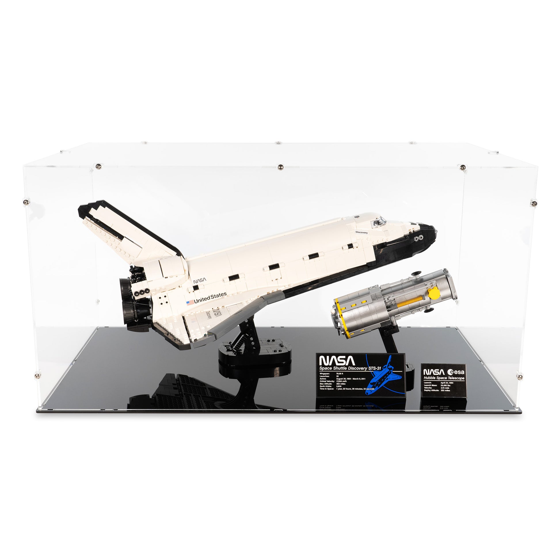 Alternative front view of LEGO 10283 NASA Space Shuttle Discovery Display Case.