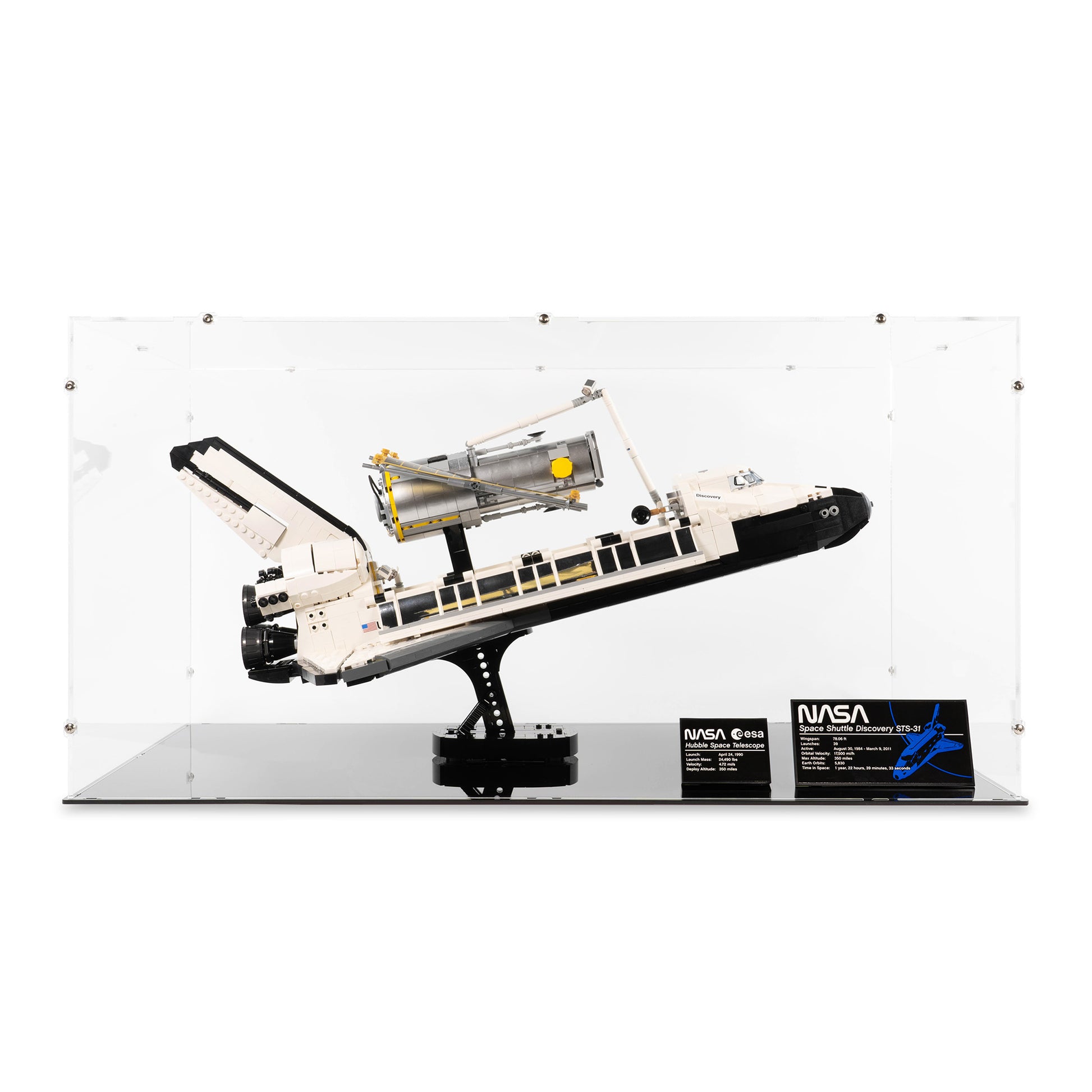 Front view of LEGO 10283 NASA Space Shuttle Discovery Display Case.