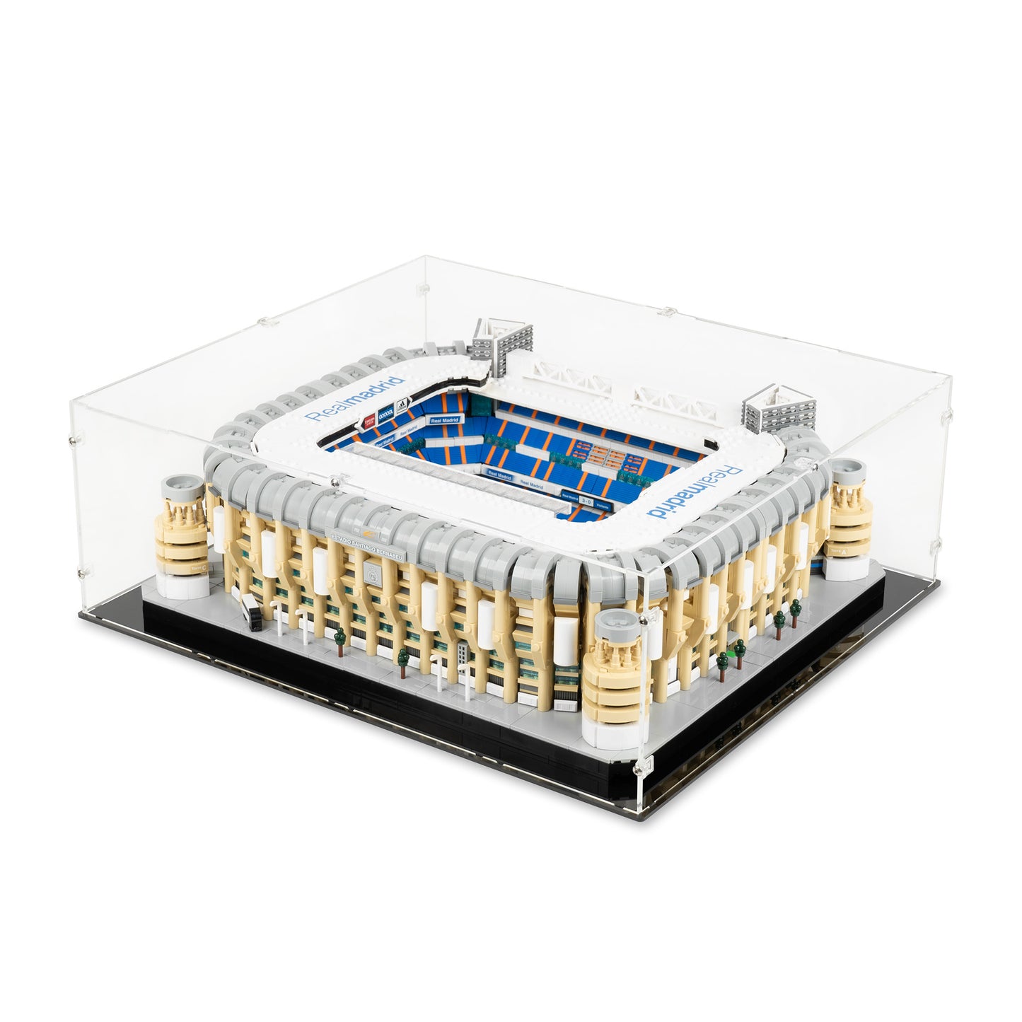 Angled top view of LEGO 10299 Real Madrid – Santiago Bernabéu Stadium Display Case.