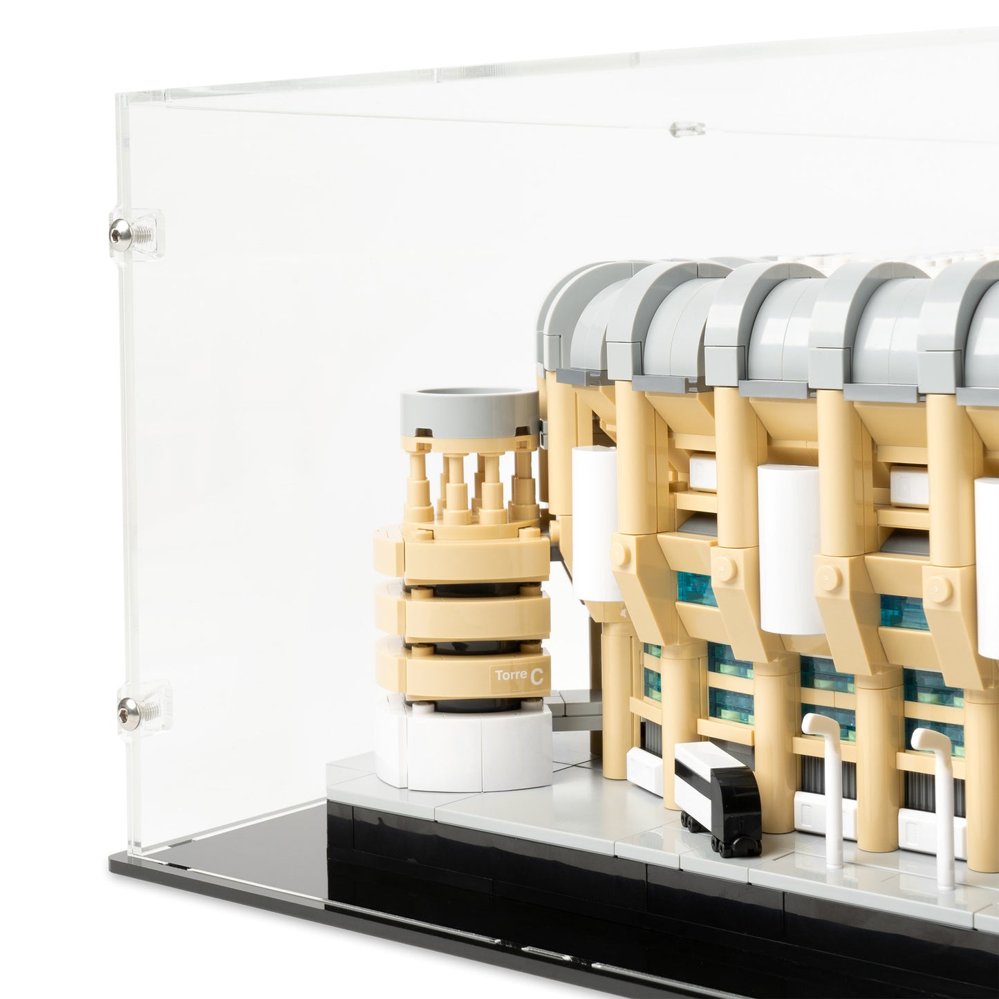 Fitting detail view of LEGO 10299 Real Madrid – Santiago Bernabéu Stadium Display Case.