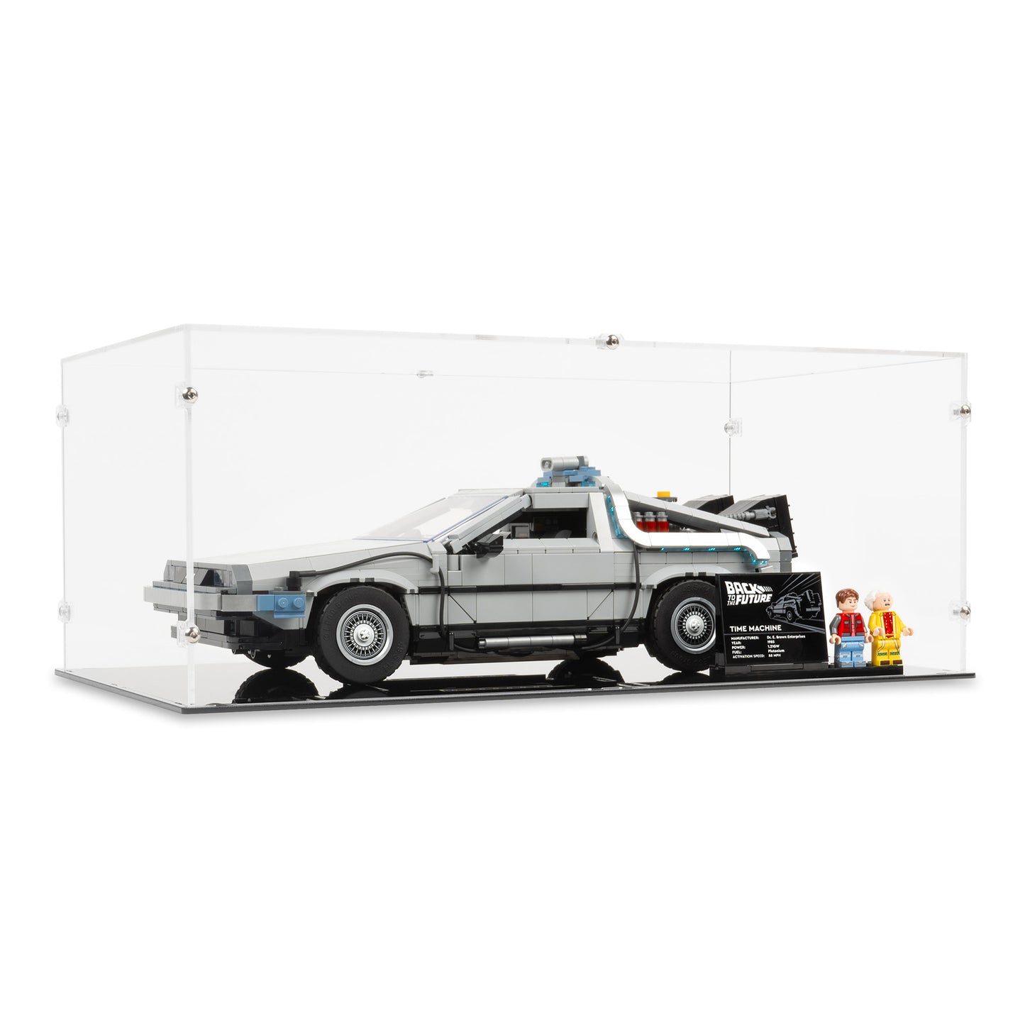 Angled view of LEGO 10300 Back to the Future Time Machine Small Display Case.