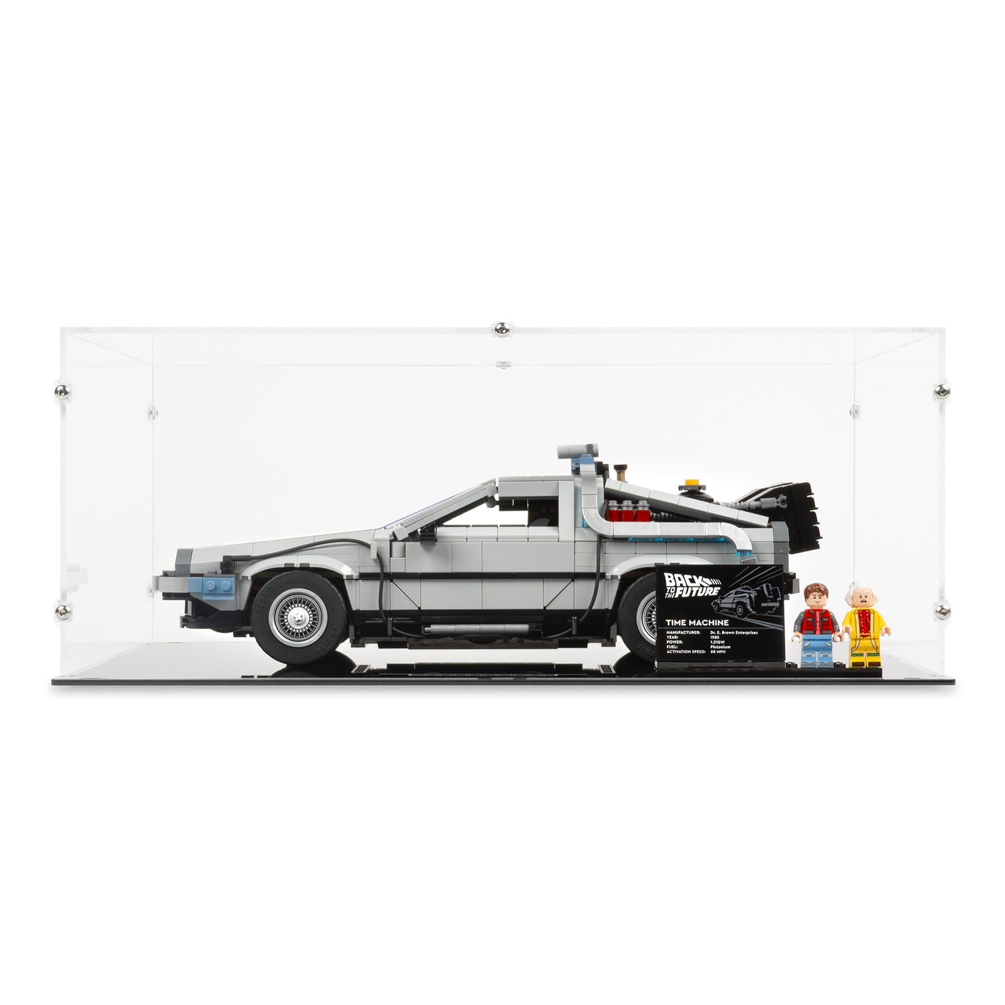 Front view of LEGO 10300 Back to the Future Time Machine Small Display Case.