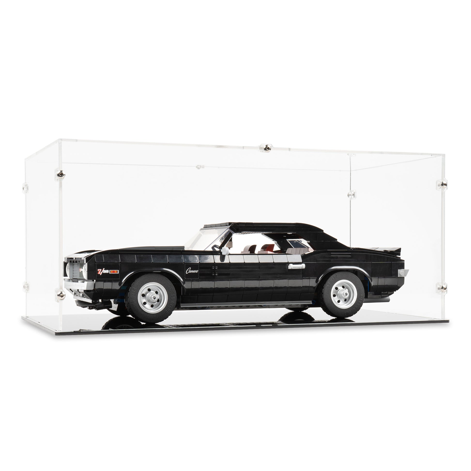 Angled view of LEGO 10304 Chevrolet Camaro Z28 Display Case.