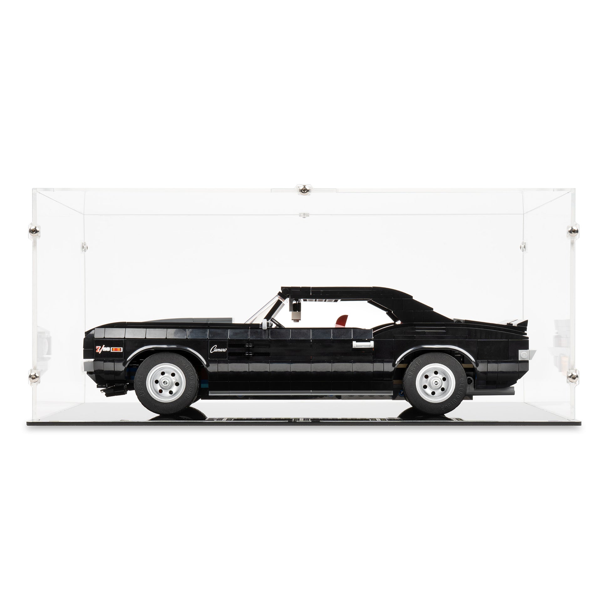 Front view of LEGO 10304 Chevrolet Camaro Z28 Display Case.
