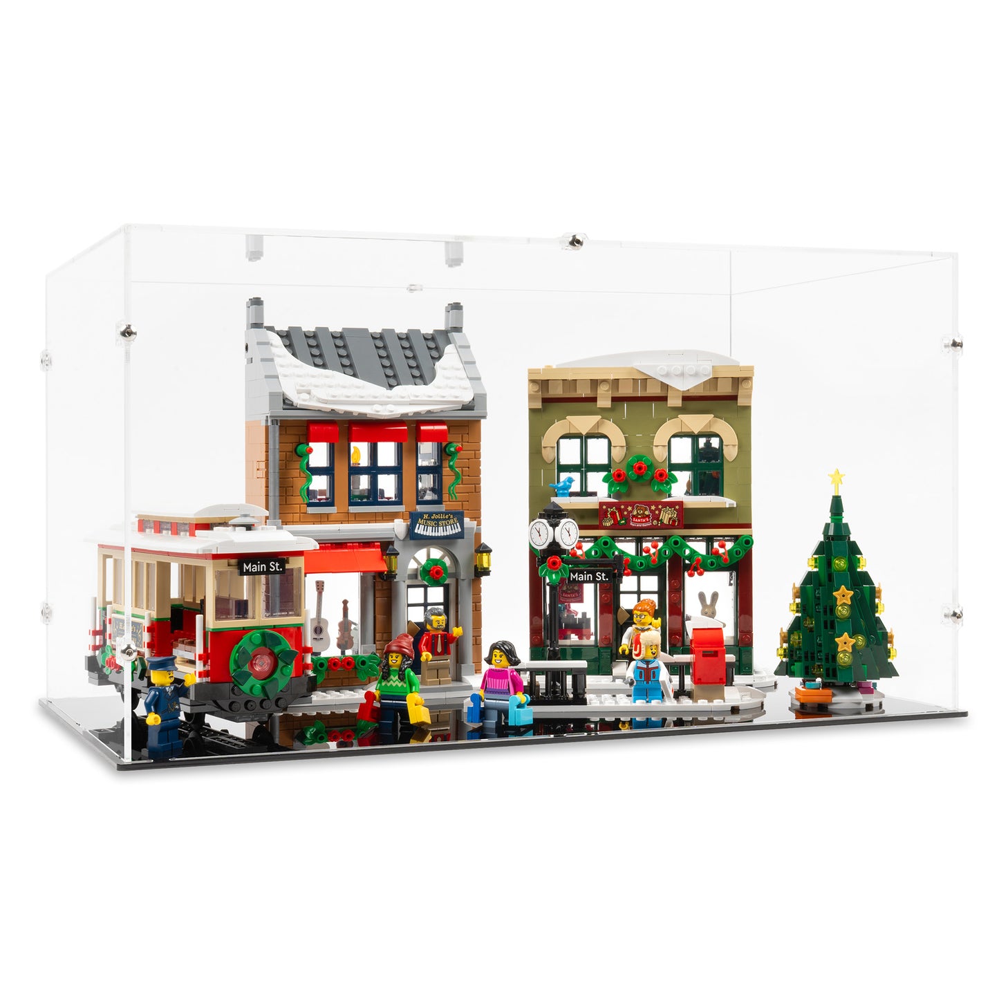Angled view of LEGO 10308 Holiday Main Street Display Case with a black base.