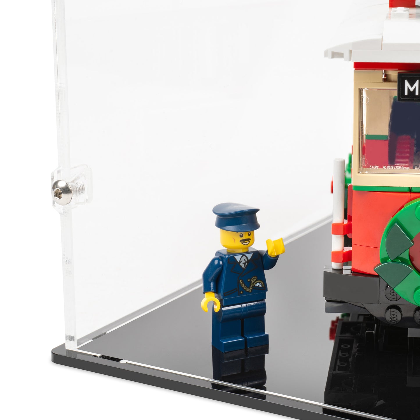 Fitting detail view of LEGO 10308 Holiday Main Street Display Case with a black base.
