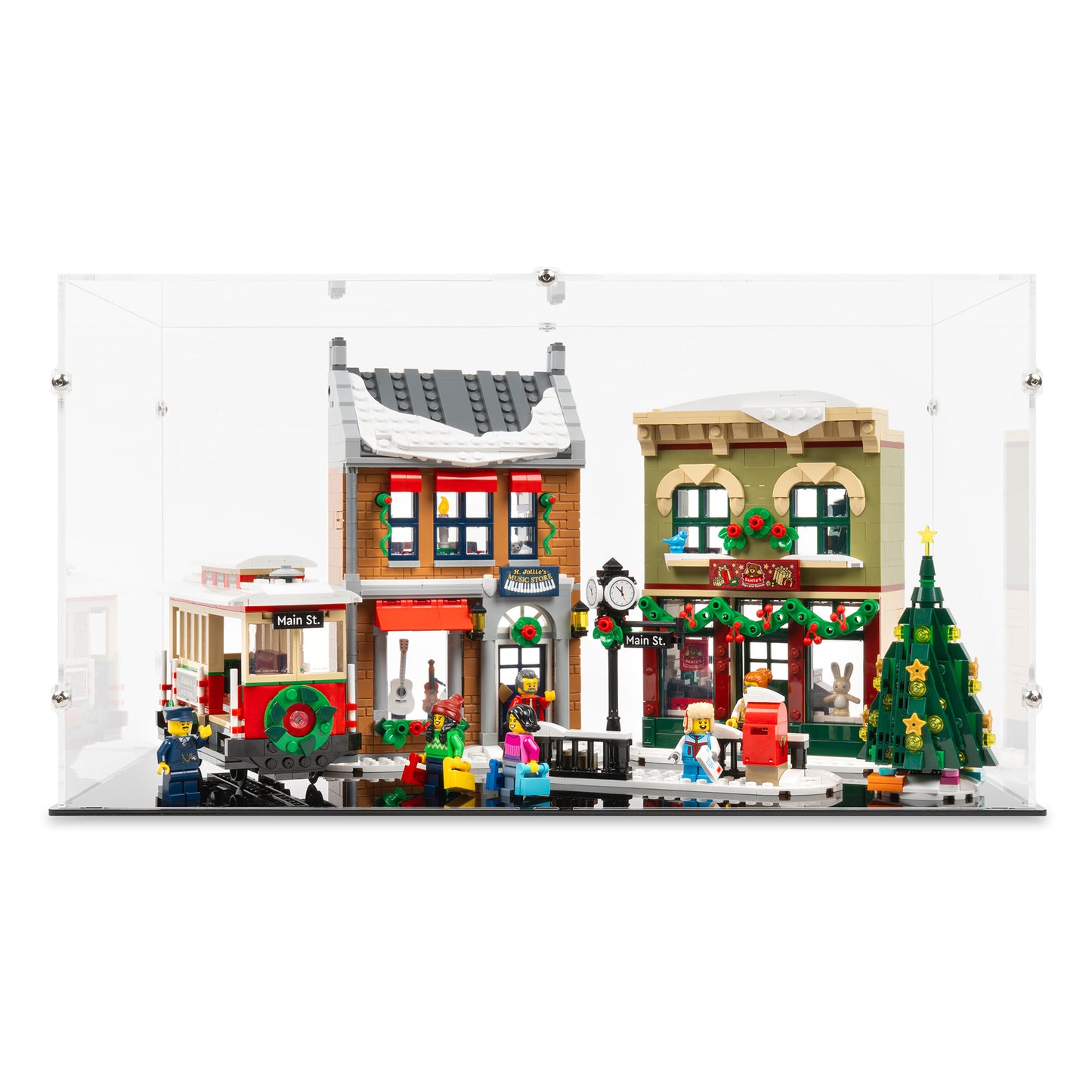 Front view of LEGO 10308 Holiday Main Street Display Case with a black base.