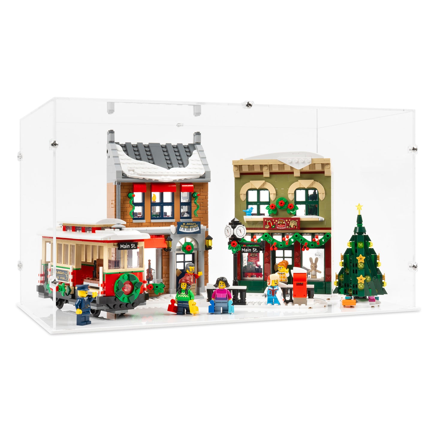 Angled view of LEGO 10308 Holiday Main Street Display Case with a white base.