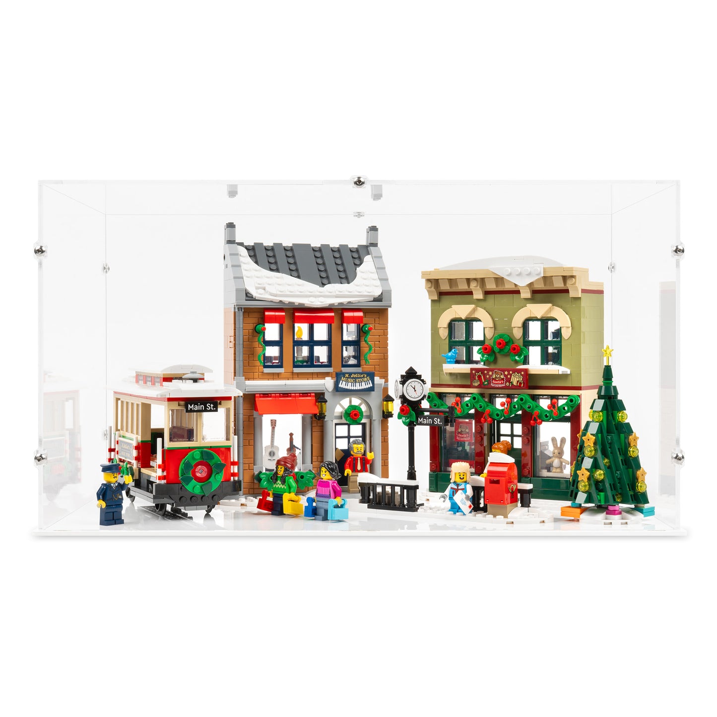 Front view of LEGO 10308 Holiday Main Street Display Case with a white base.